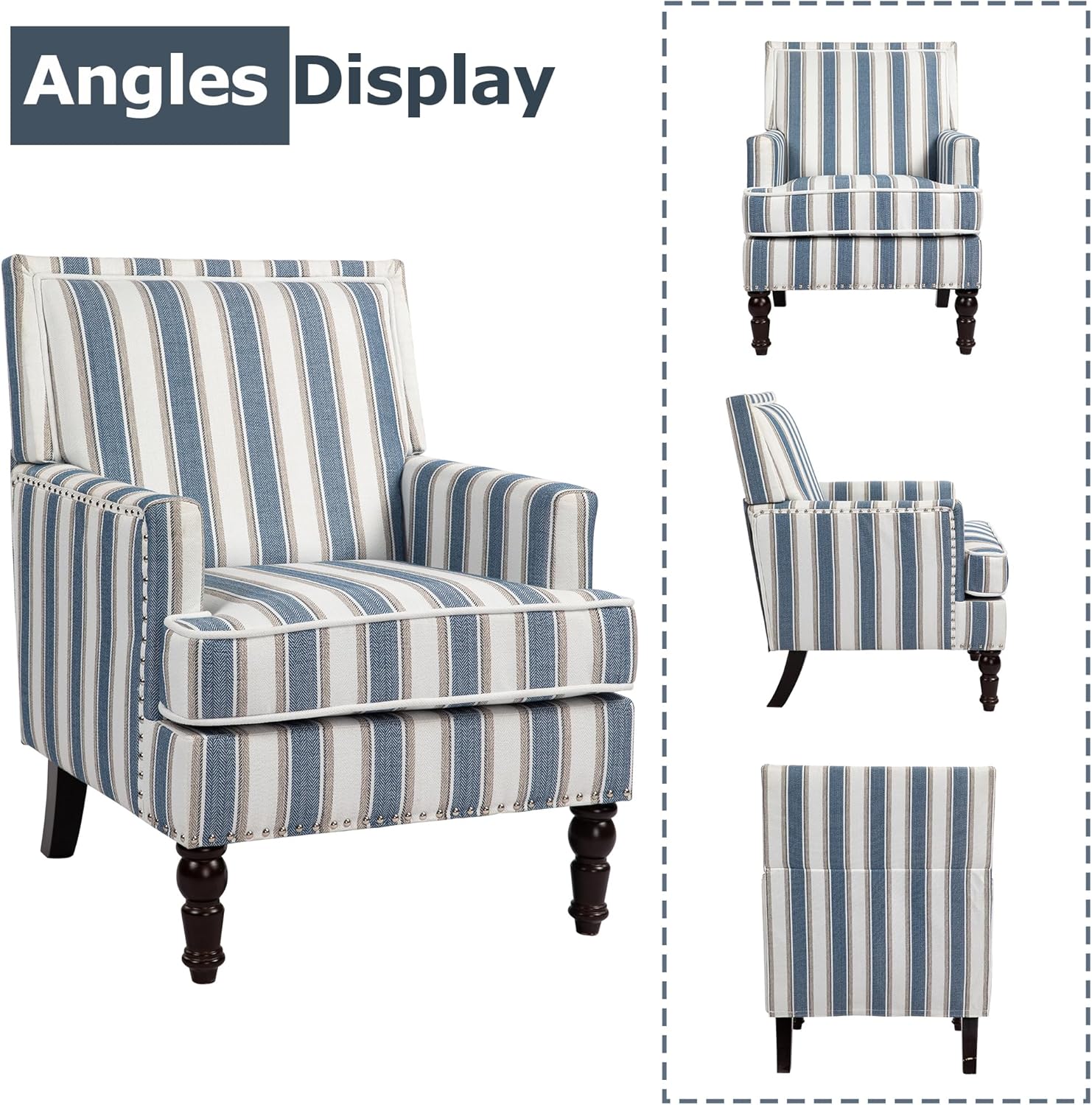 Accent Chair, Modern Comfy Mid-Century Accent Chairs，Linen Upholstered Lounge Arm Chair with Solid Wood Reading Side Padded Single Sofa for Living Room/Office/Balcony/Bedroom-Blue Stripe