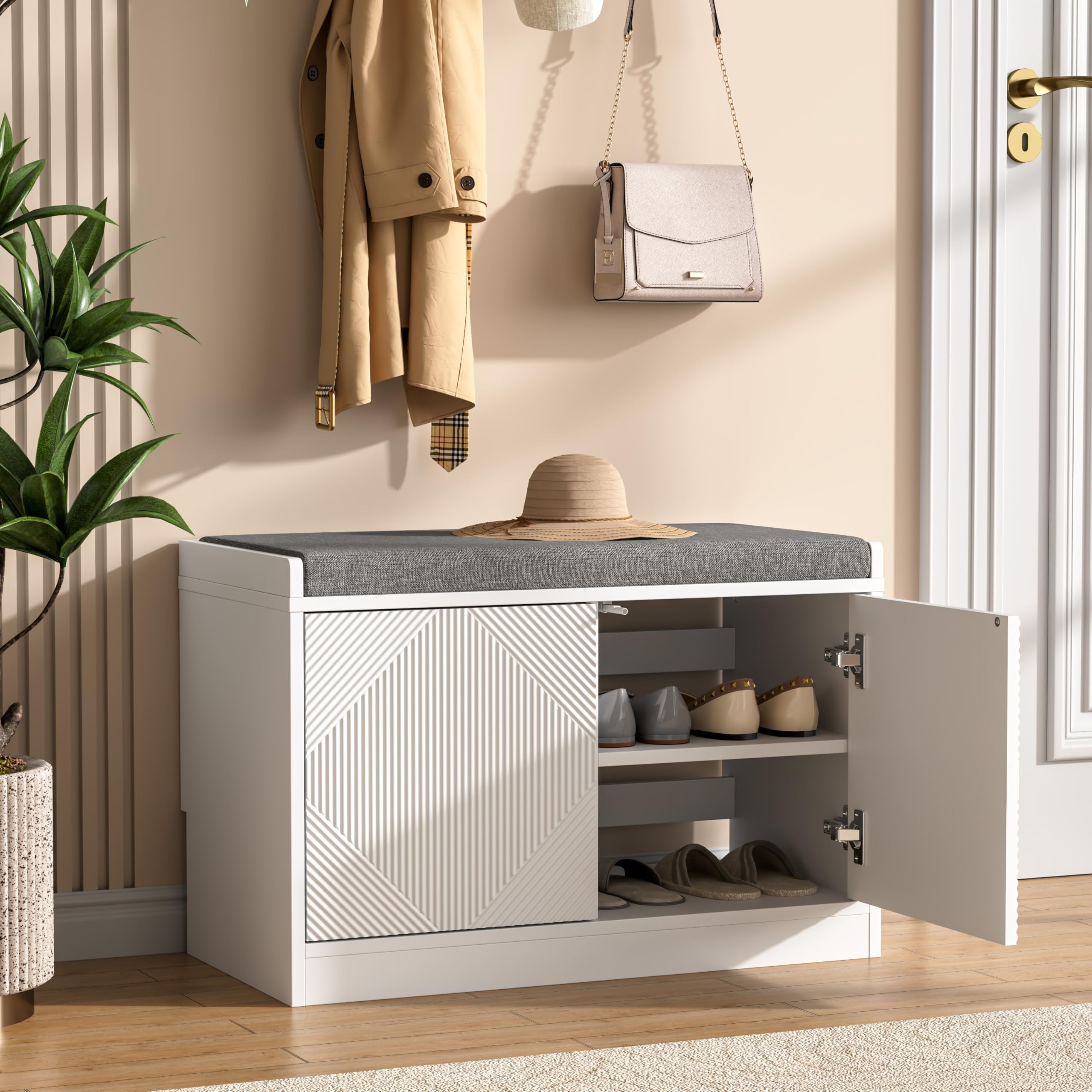 UEV Shoe Storage Bench with Cushion, White 2 Door Shoe Cabinet with Ventilated Open Back for Hallway, Shoes, Trainers & Slippers & Dog Leads, 70W x 36.5D x 46.5H cm