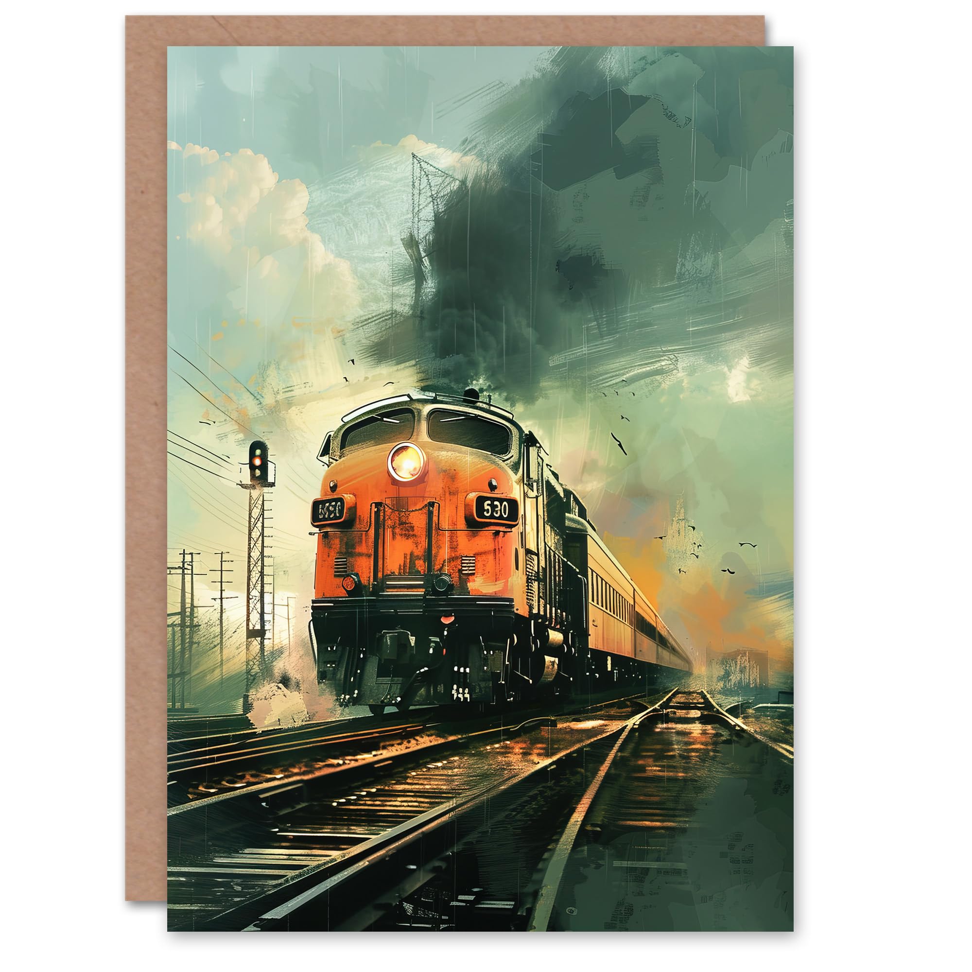 Artery8 Greeting Card Locomotive Train Front View Railway Painting Blank For Him Or Her Art Birthday Card