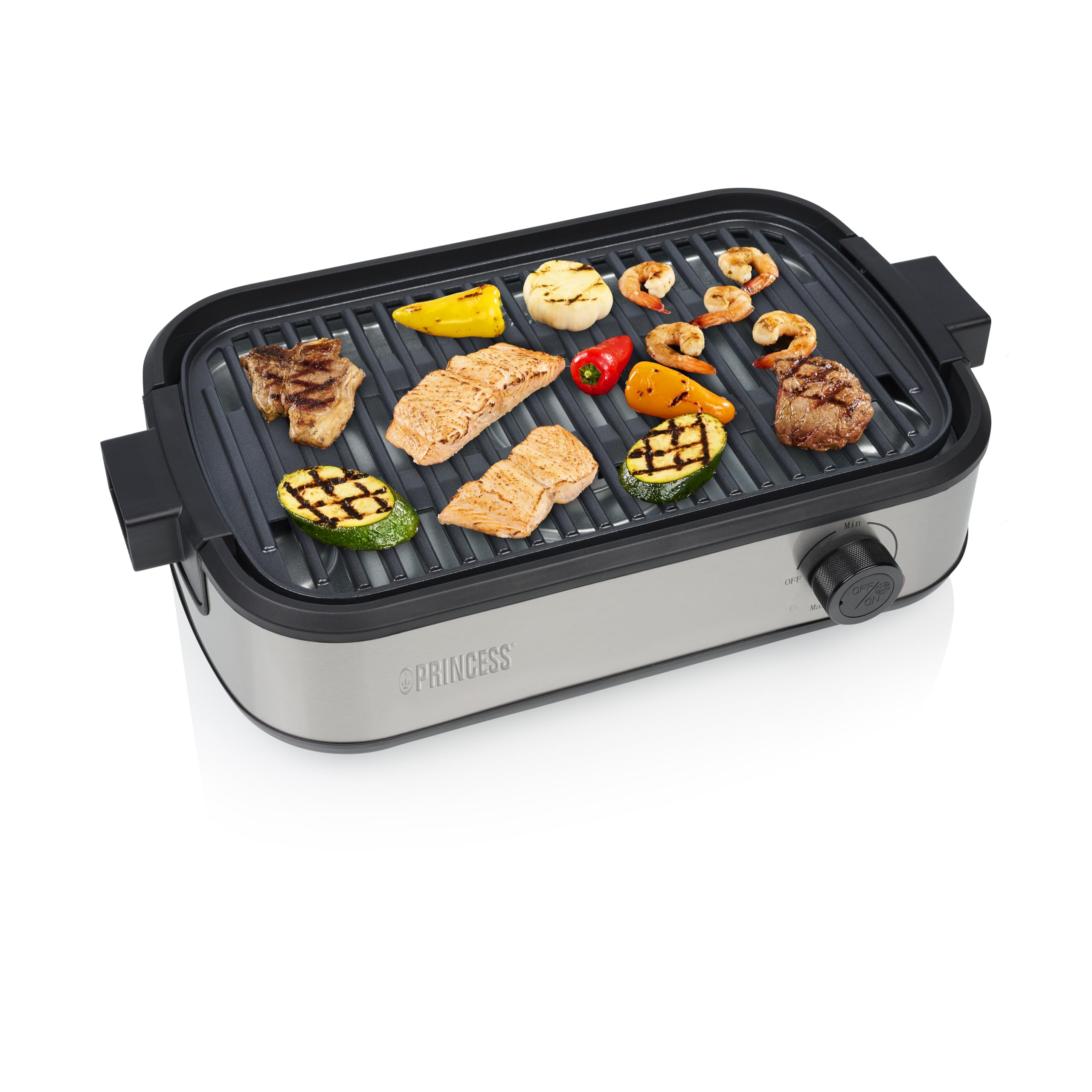 Princess Table Chef Grill da tavolo Purify, griglia elettrica senza fumo con sistema di filtraggio dell'aria, termostato regolabile, strato in ceramica senza PFAS, superficie di cottura 35 x 21 cm