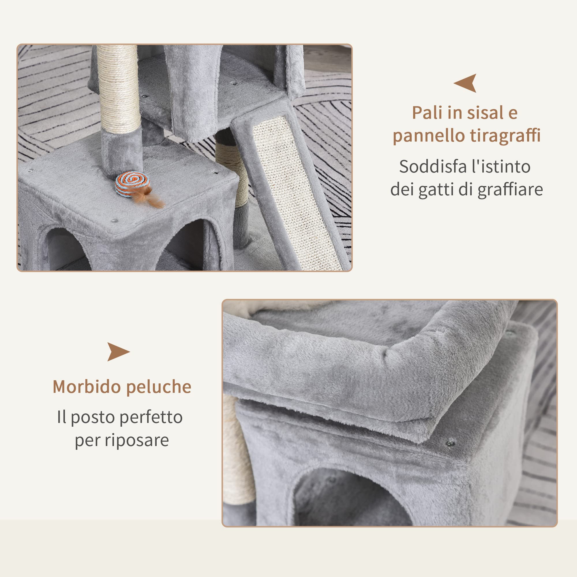 PawHut Albero Tiragraffi per Gatti Adulti e Gattini con Pali in Sisal, Lettino e 2 Casette con Rivestimento in Peluche, 59x39x81cm, Grigio Chiaro