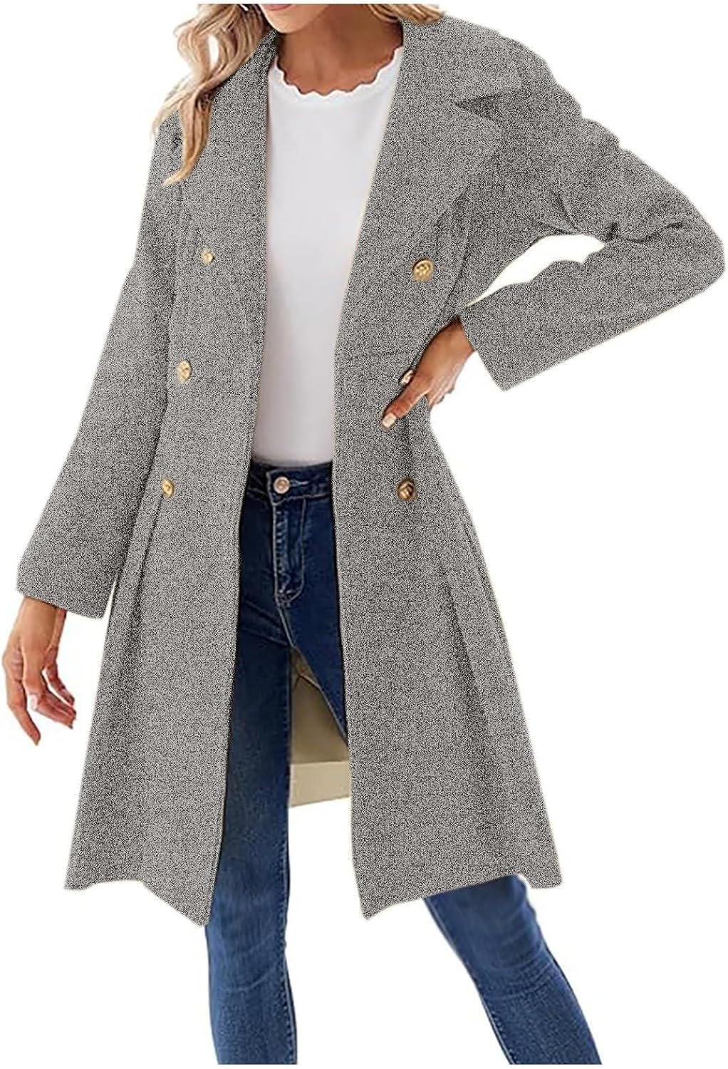 ZWRXW Women's Fashion Trench Coat Notch Lapel Double Breasted Pea Coats Winter Classic Thick A Line Overcoats with Pockets