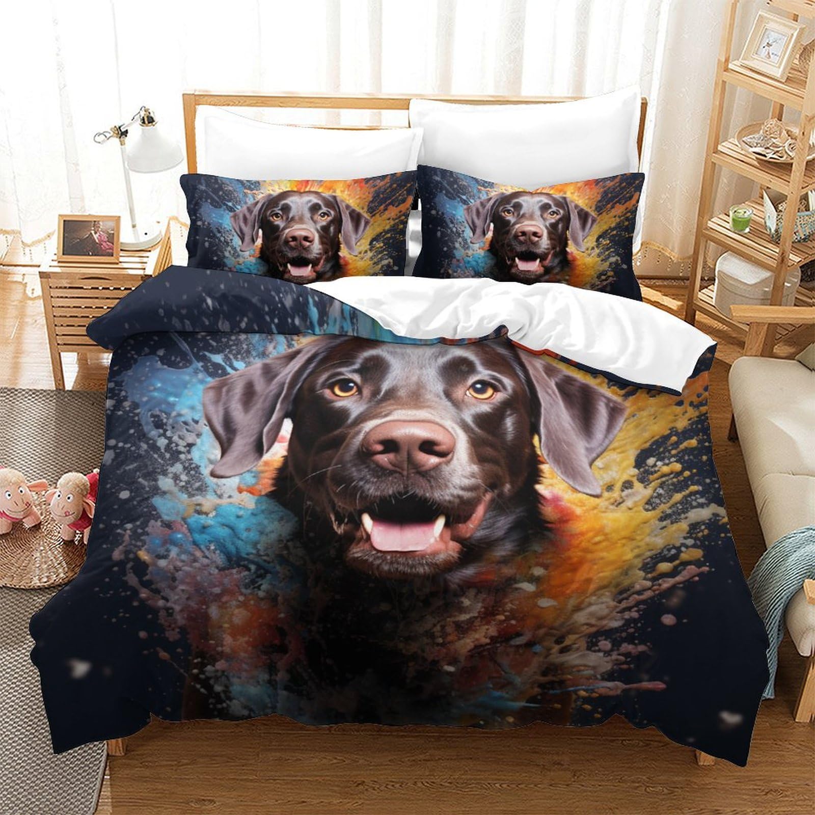 Parure de lit Labrador 200x200 housse de couette microfibre imprimé animalier taies d'oreiller