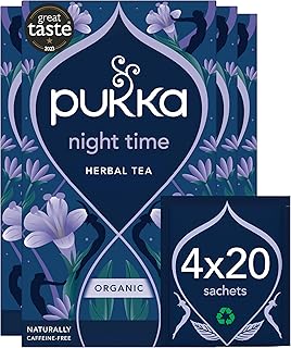 Night Time Organic Herbal Sleep Tea Box, Chamomile, Lavender, Oat Flower, & Limeflower, Natural For Bedtime Relaxation, Caffeine Free, 4 Packs, 80 Plant Based Biodegradable Tea Bags
