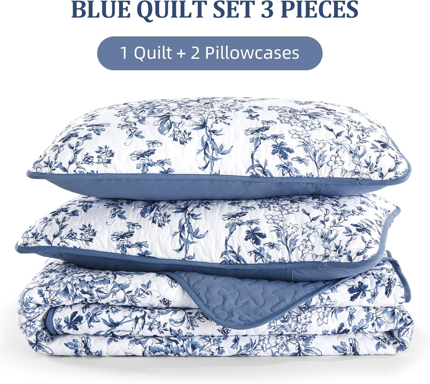 WONGS BEDDING Quilt Queen Size, Blue Quilt Bedding Set with 2 Pillowcases, Botanical Quilts for Queen Bed, Soft Microfiber Lightweight Coverlet Bedspread for All Season (96"×90", 3 Pieces) - Image 7