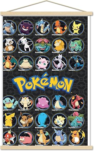 Trends International Pokémon - Póster de pared All Time Favorites, 22.375 x 34 pulgadas, paquete de impresión y colgador de madera de haya