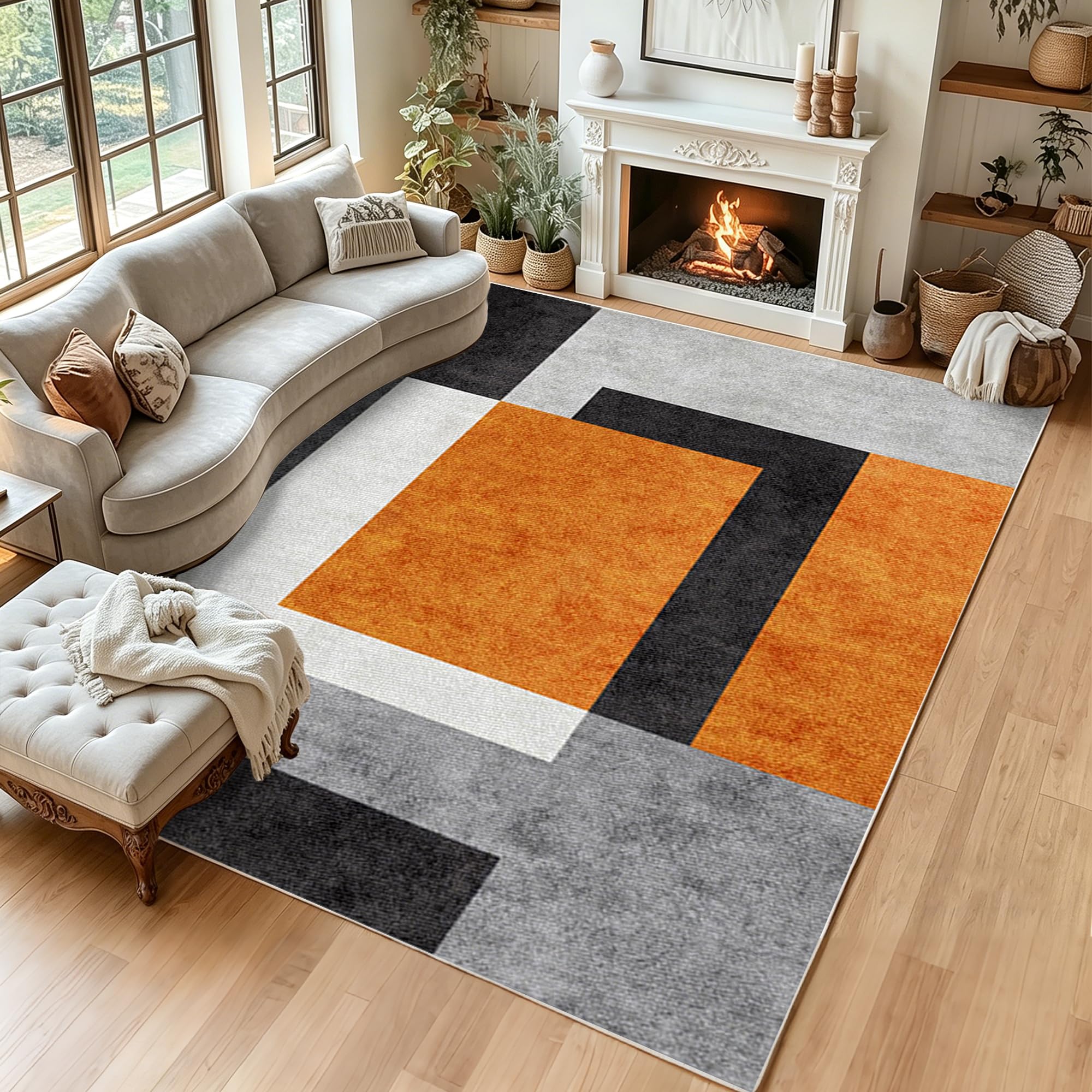Tapis de sol moderne géométrique au fini vieilli haut de gamme 110 x 130 cm
