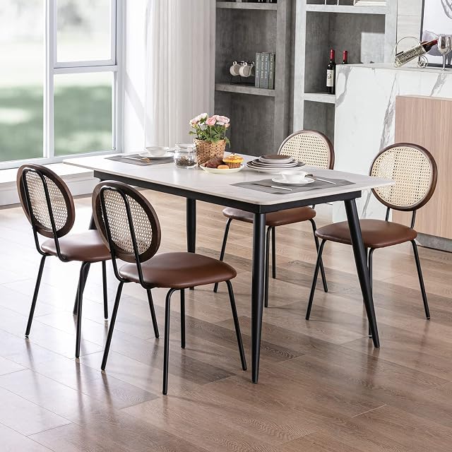 Farini Set of 4 Dining Chair Jaxsen Faux Leather Indoor Kitchen Chair with Rattan Backrest Modern Accent Chairs for Living Room Dining Room,Brown