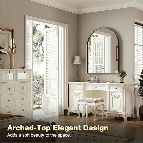 Miniatura 18 de Brightify Espejo arqueado, espejo de pared de arco negro de 26 x 38 pulgadas, espejo de baño negro con marco de metal, espejo de tocador de baño