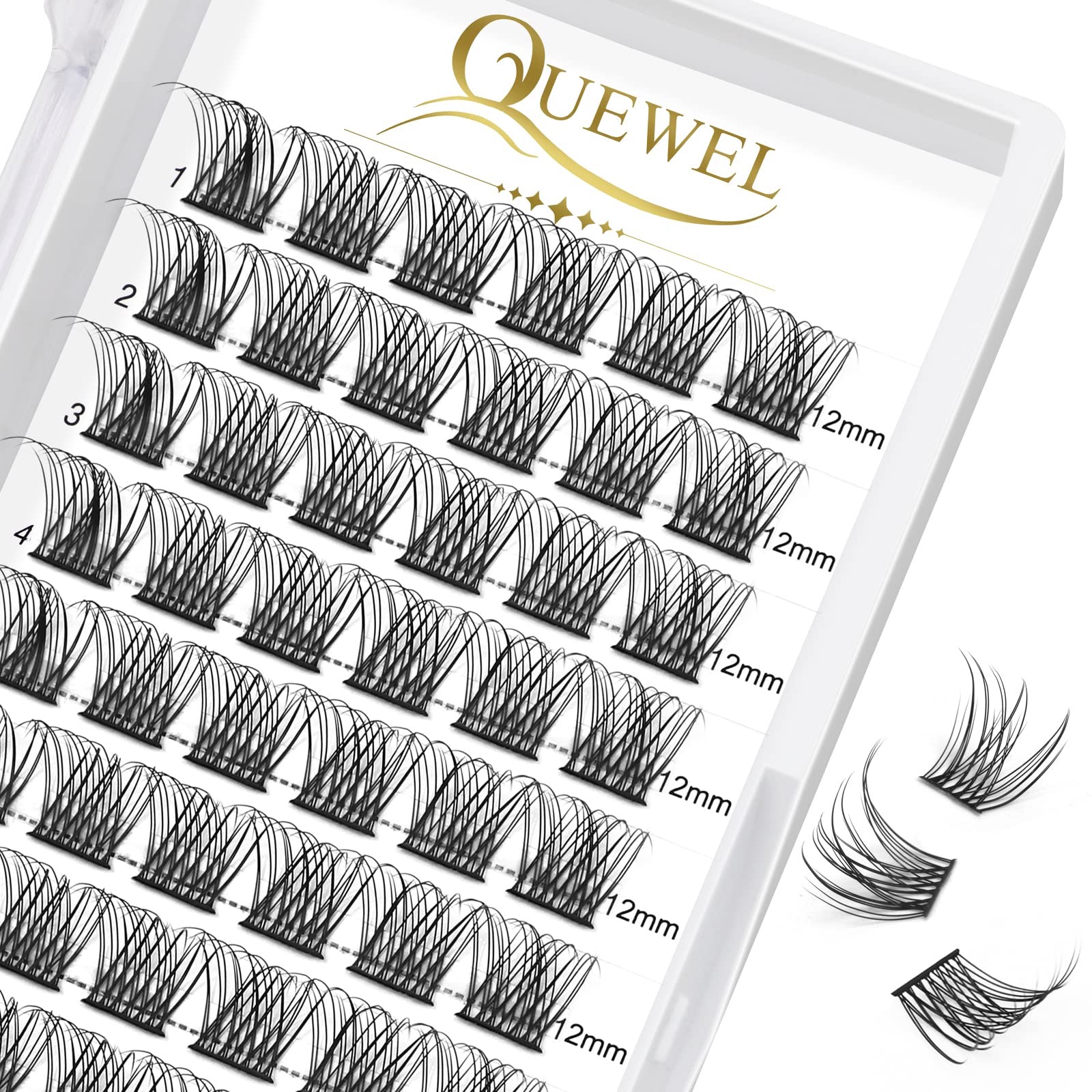 QUEWEL Cluster Lashes 72 Pcs Individual Lashes Wide Stem C/D Curl 8-16mm Length DIY Eyelash Extension False Eyelashes Individual Natural&Mega Styles Soft for Personal Makeup Use at Home (Natural-D-12)