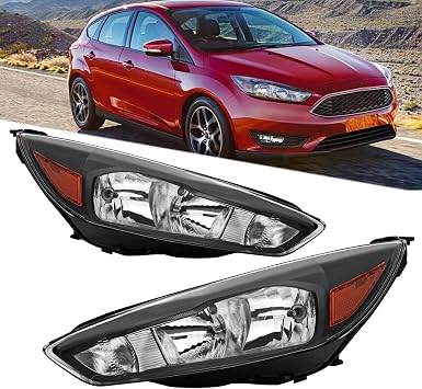Headlights Assembly Compatible with 2015 2016 2017 2018 Ford Focus S | SE | ST Halogen Head Light Headlamp w/Bulb, Black Housing Amber Corner