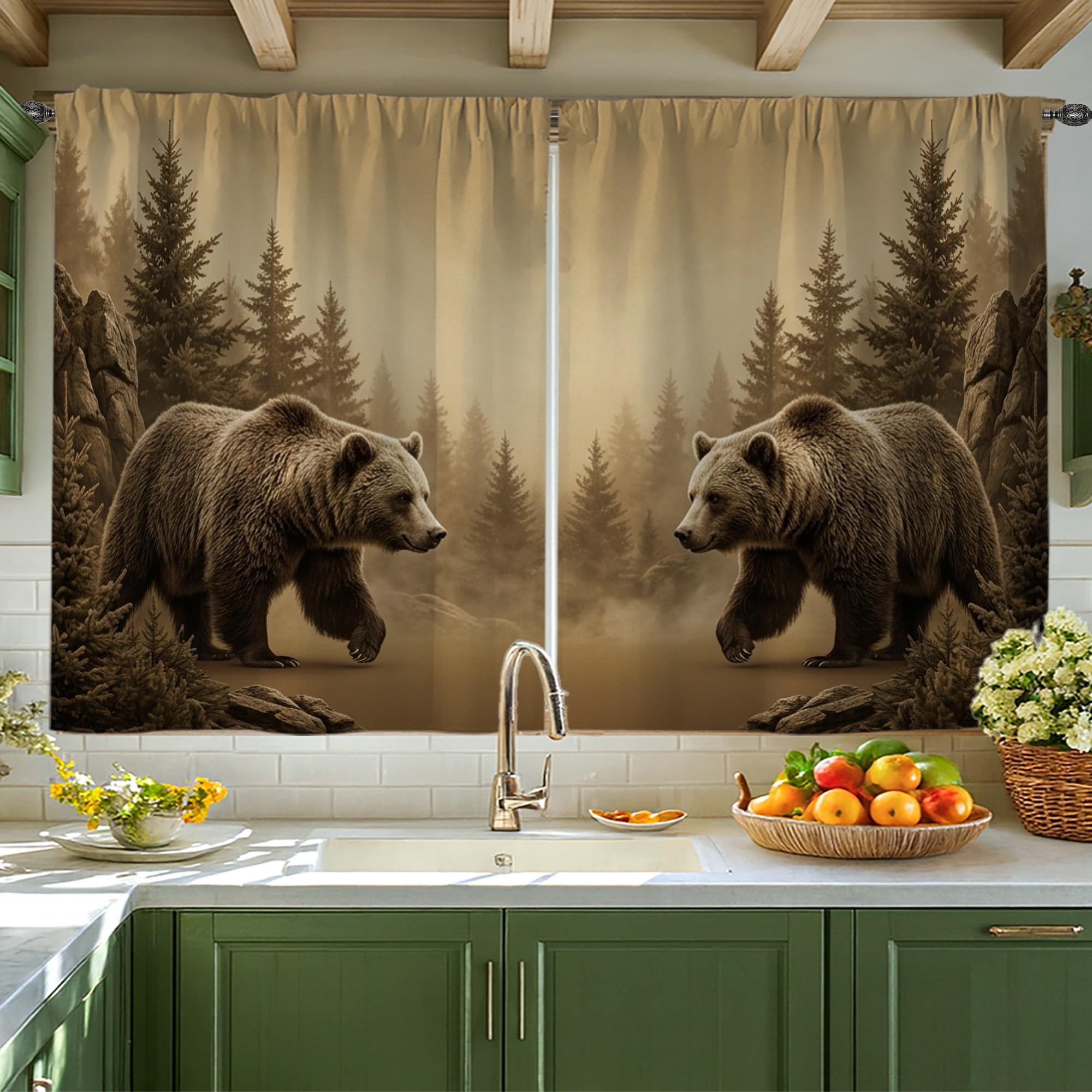 Rideaux courts cuisine ours arbres de la forêt marron 106x114