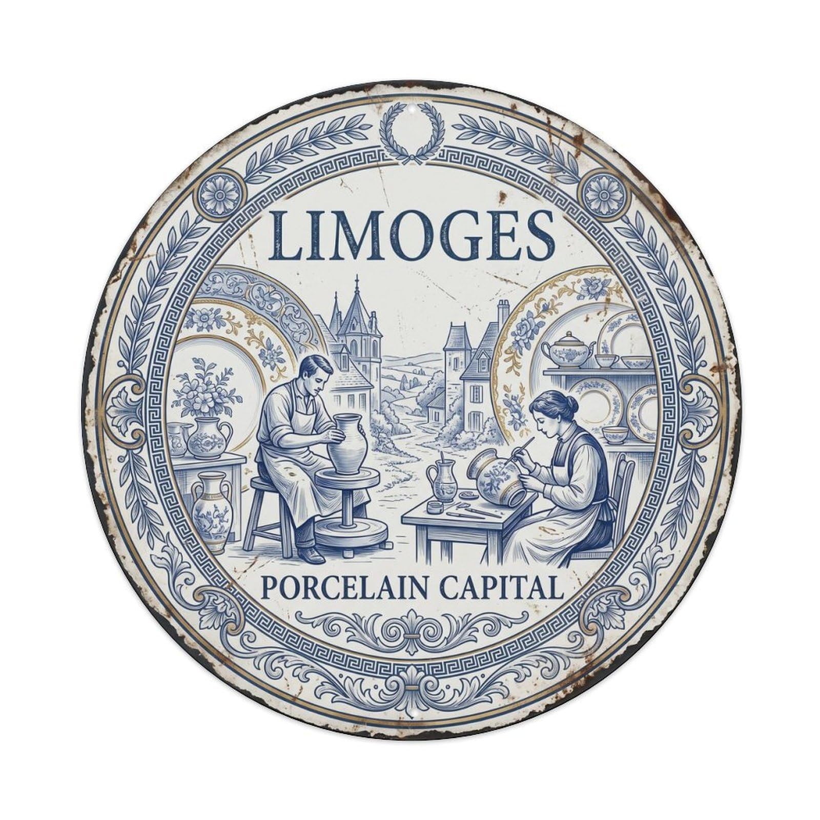 Vintage Travel Limoges France Porcelain Metal Tin Sign Plaque Wall Decor for Cafe, Club, Garden Round Metal Poster 8x8Inch