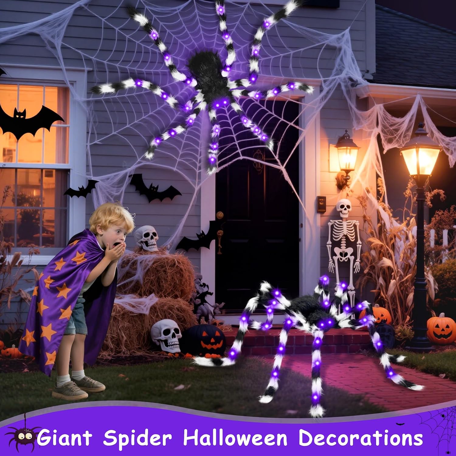 2 Pack 50 Inch Giant Halloween Light up Spiders Outdoor Decorations, Scary Giant Spider with 26 Purple LED Lights, Fake Large Spider for Indoor Outside Haunted Party Favor Yard Home House Props Decor