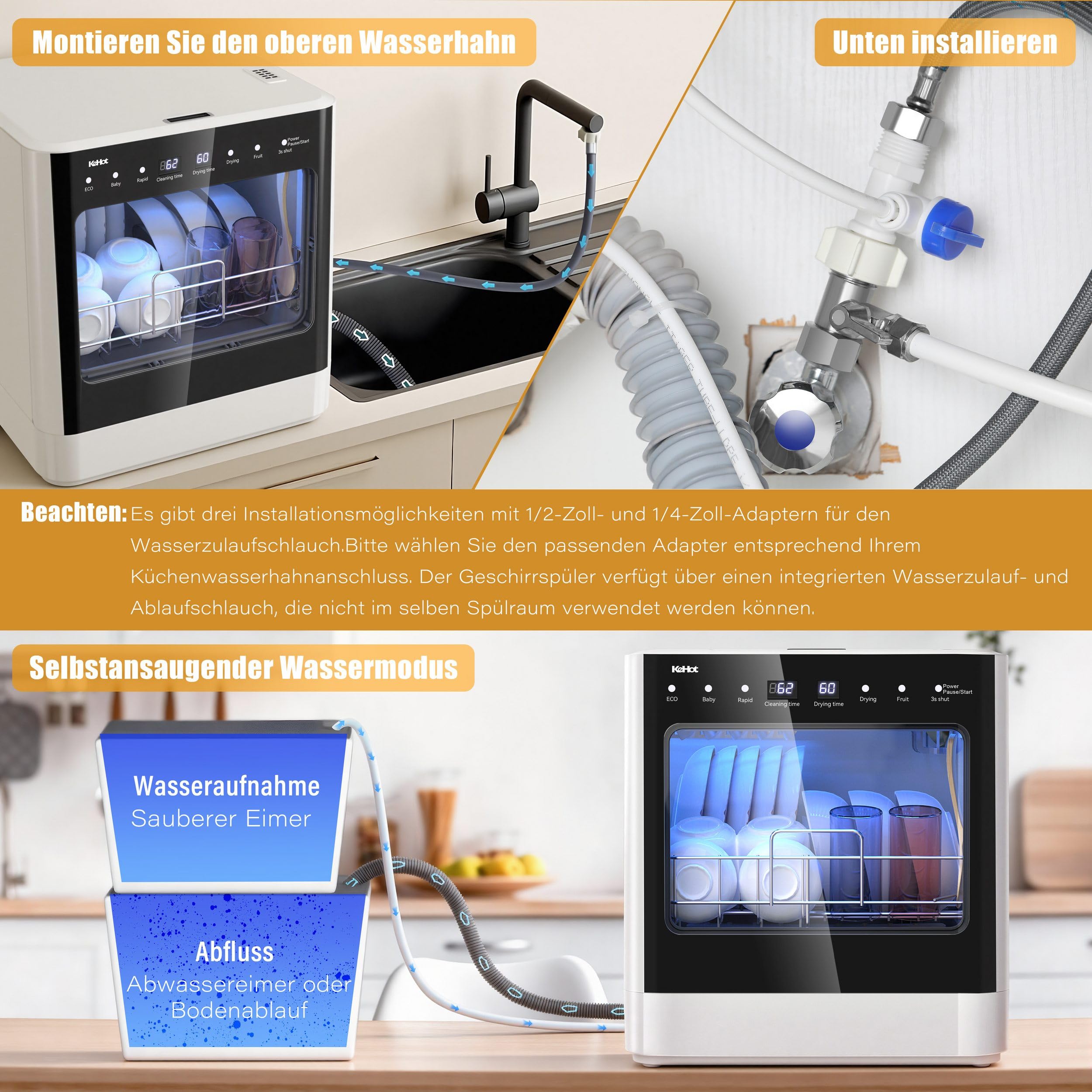 Tischgeschirrspüler, Tragbarer Geschirrspüler mit Wasseranschluss, 4 Programme, Spült bis zu 6-8 Teller, Heißluft-Trocknung & Antibakterialspeicher, LED Touch, Kompakt für Wohnung, Wohnmobil & Camping