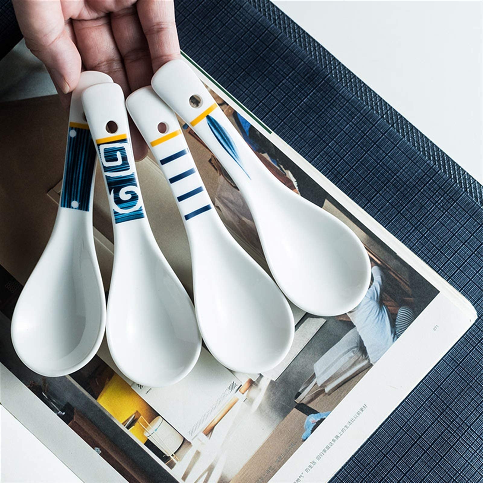 Qingyao - Juego de cucharas dulces, cuchara para beber, cuchara sopera, cuchara de cerámica, cuchara de arroz, vajilla creativa, cuchara/olla de sopa (color: D) (E)