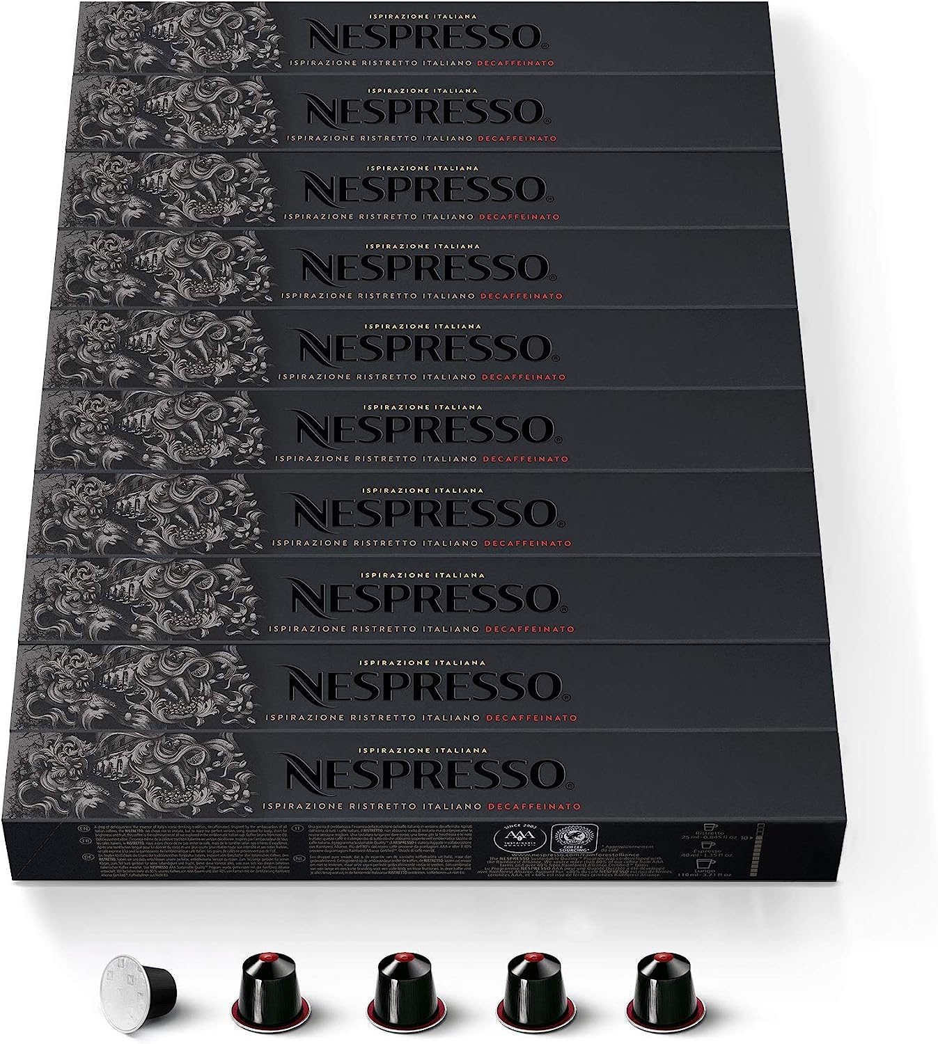 NESPRESSO ORYGINALNY Ristretto Decaffeinato, ciemne palenie, kompatybilny z ORYGINALNYMI ekspresami na kapsułki, zestaw 100 kapsułek kawy