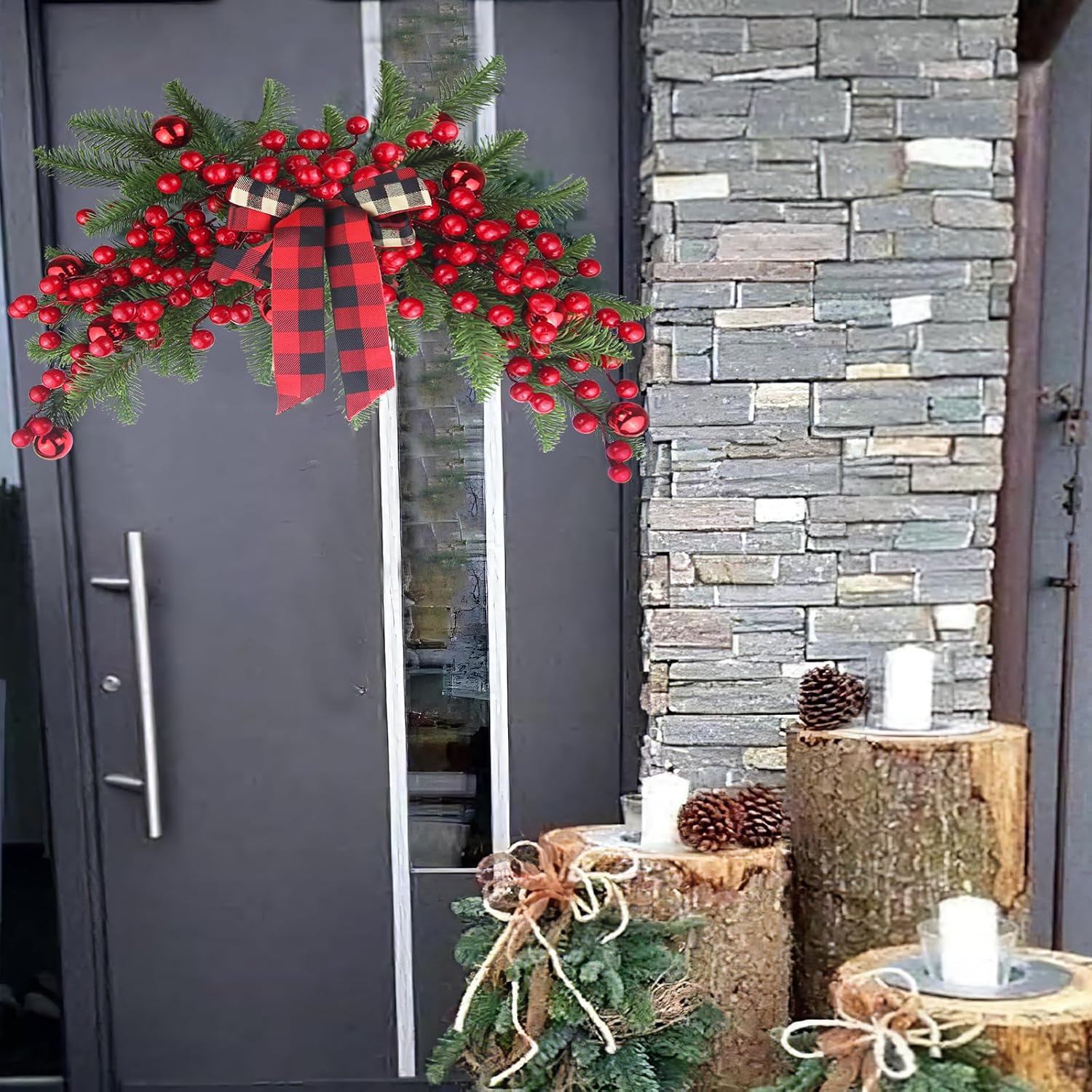 CITYES Christmas Swag Decoration Floral Swag with Berries and Ribbon Bows Christmas Balls 27.56 Inch Greenery Christmas Swag Xmas Door Swag for Front Door Festival Decor Wall Arch Window
