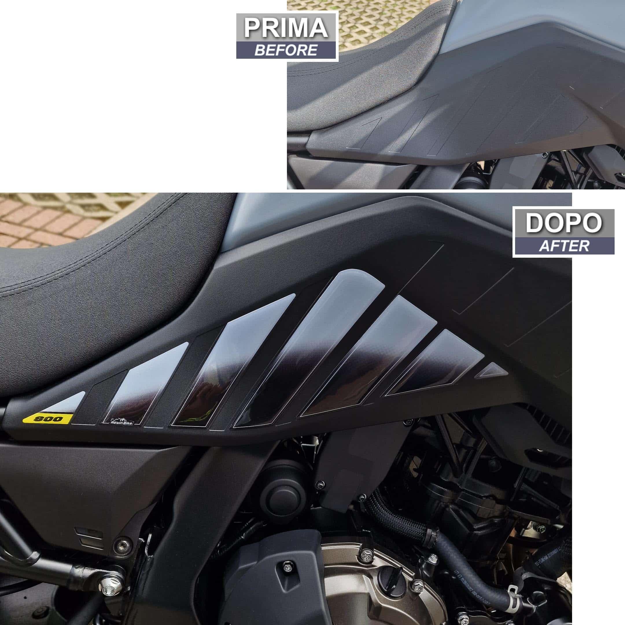 Resin Bike naklejki moto kompatybilne z Suzuki V Strom 800 DE 2023. Ochrona boczna zbiornika paliwa motocykla przed uderzeniami i zarysowaniami. Para naklejek 3D z żywicy w kolorze szarym Berlin