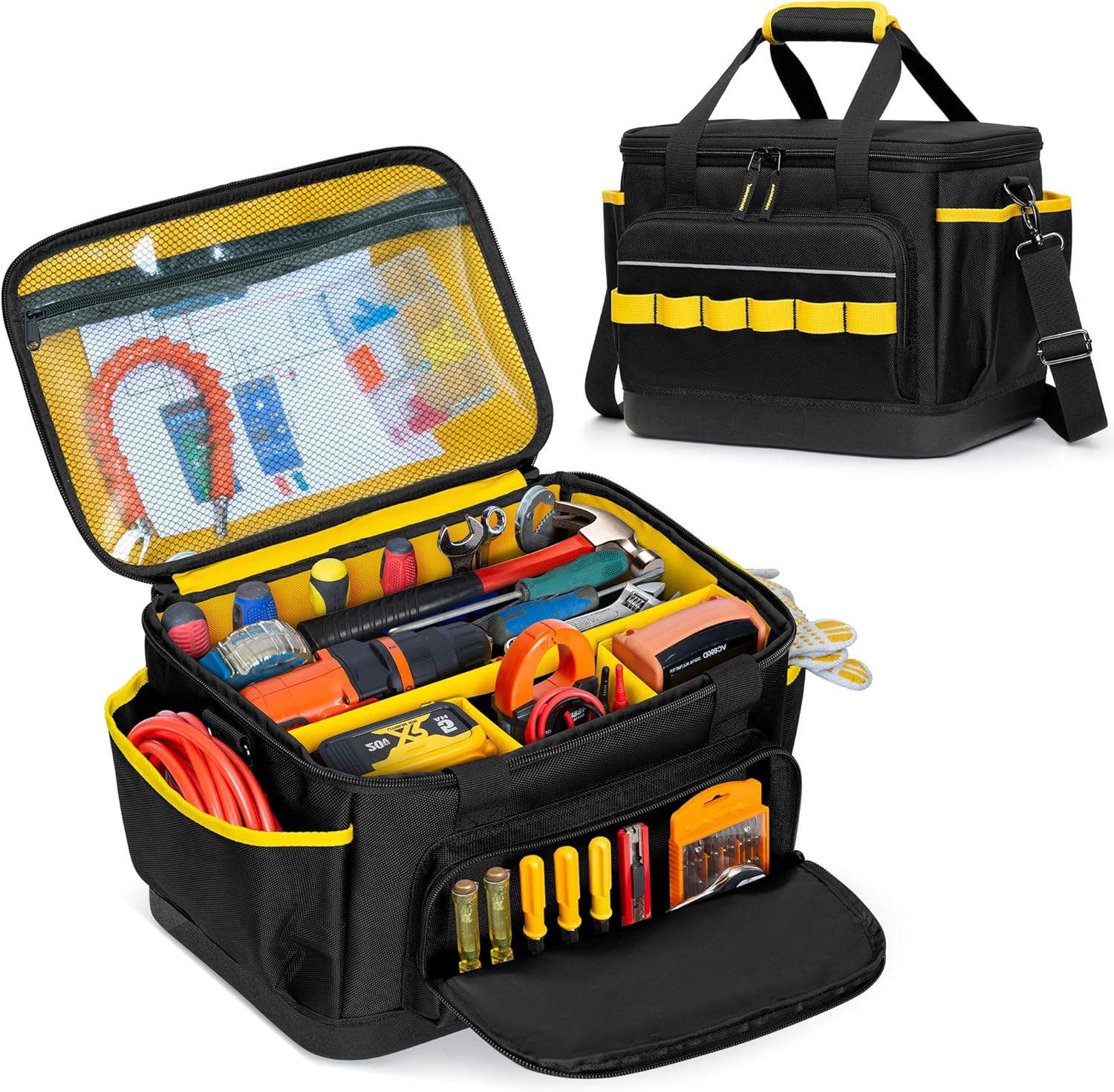 Rexmica Small Tool Bag, 12-Inch Tool Tote Bag with EVA Hard Bottom and Carrying Strap, Multi-functional Tool Storage Organizer for Electrician, Plumber, Mechanic, Automotive, Black-yellow