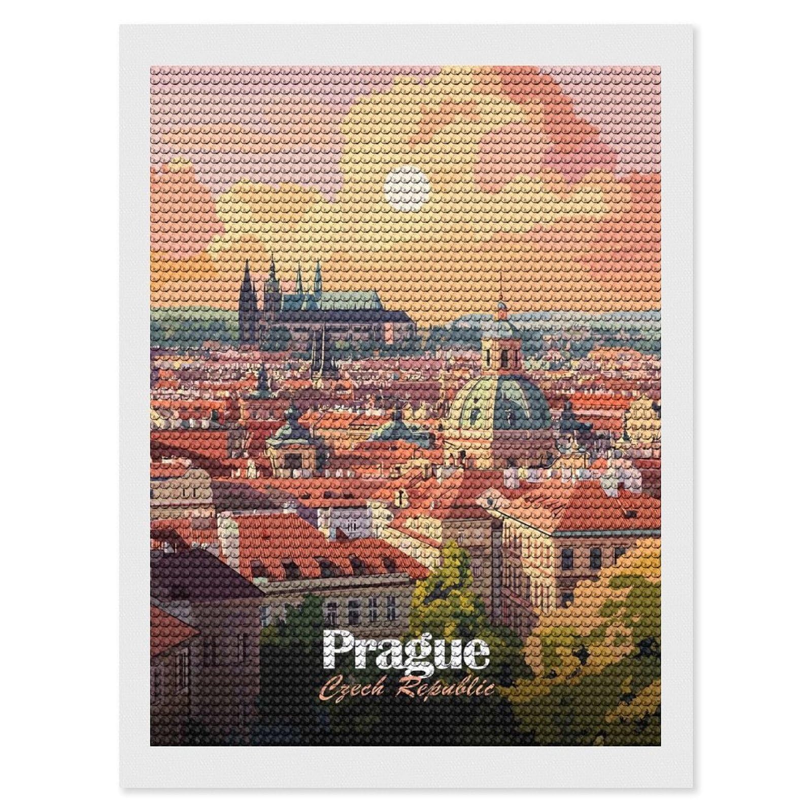 Junmoney Prague Cityscape Sunset Diamond Painting Canvas Set 12"x16", for Women, Pleasing Wall Art Project, Aesthetic Room Decor, Gift Idea