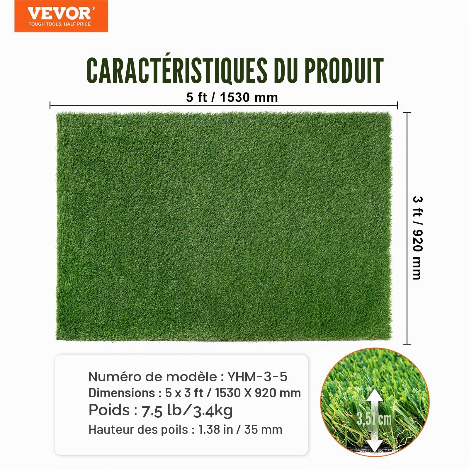 VEVOR Gazon Artificiel, Pelouse Synthétique Extérieur Intérieur 153x92 cm Brins d'Herbe 35 mm Facile à Nettoyer avec Trous de Drainage pour Cours de Récréation, Décoration Maison, Tapis de Chien, Vert