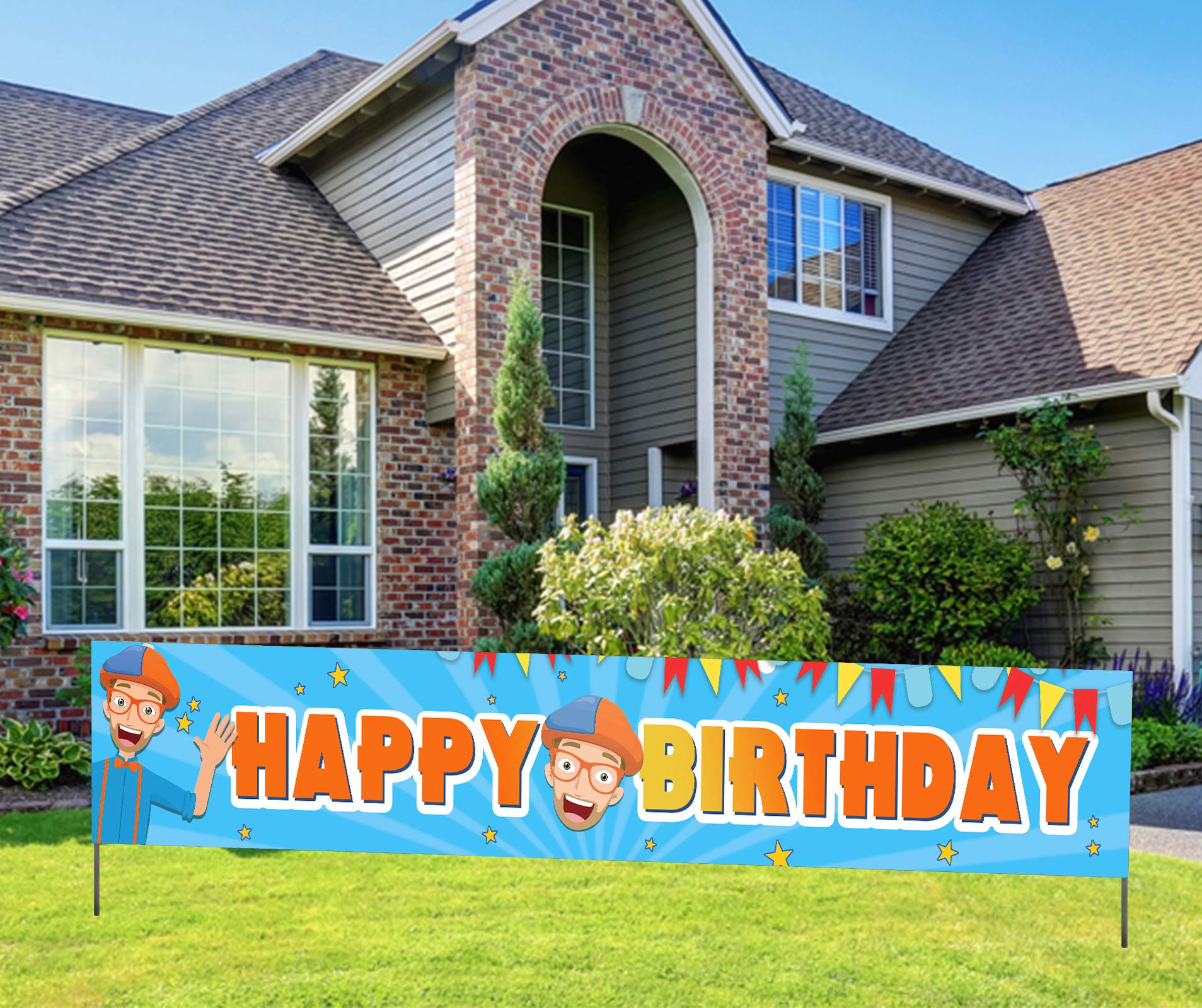Blippi Happy Birthday Banner, Blippi Themed Birthday Sign for Kids, Blippi Birthday Party Supplies (9.8*1.6 Feet)