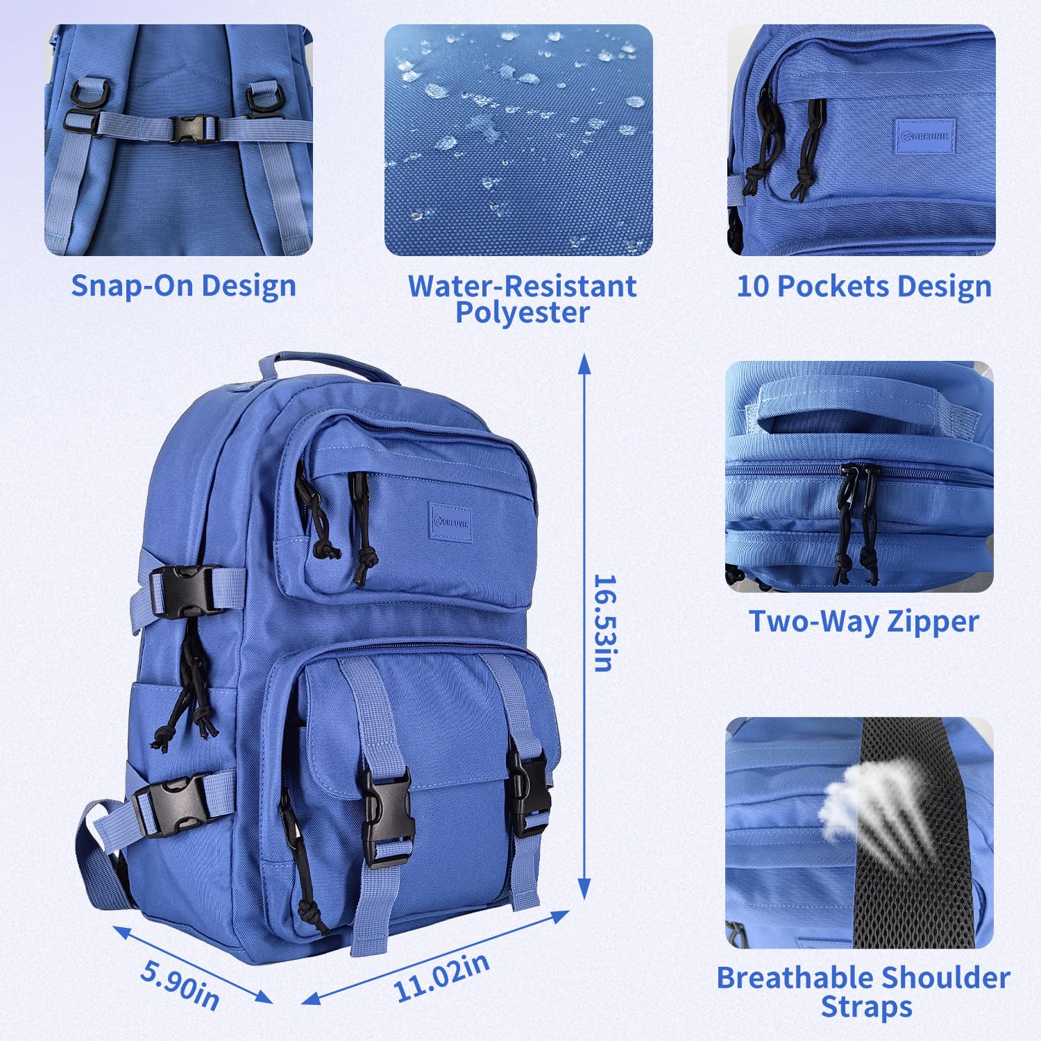 Oreunik - Zaino casual da viaggio, unisex, per computer portatile da 15 pollici, per adolescenti, leggero e impermeabile, unisex, per ufficio, scuola e università