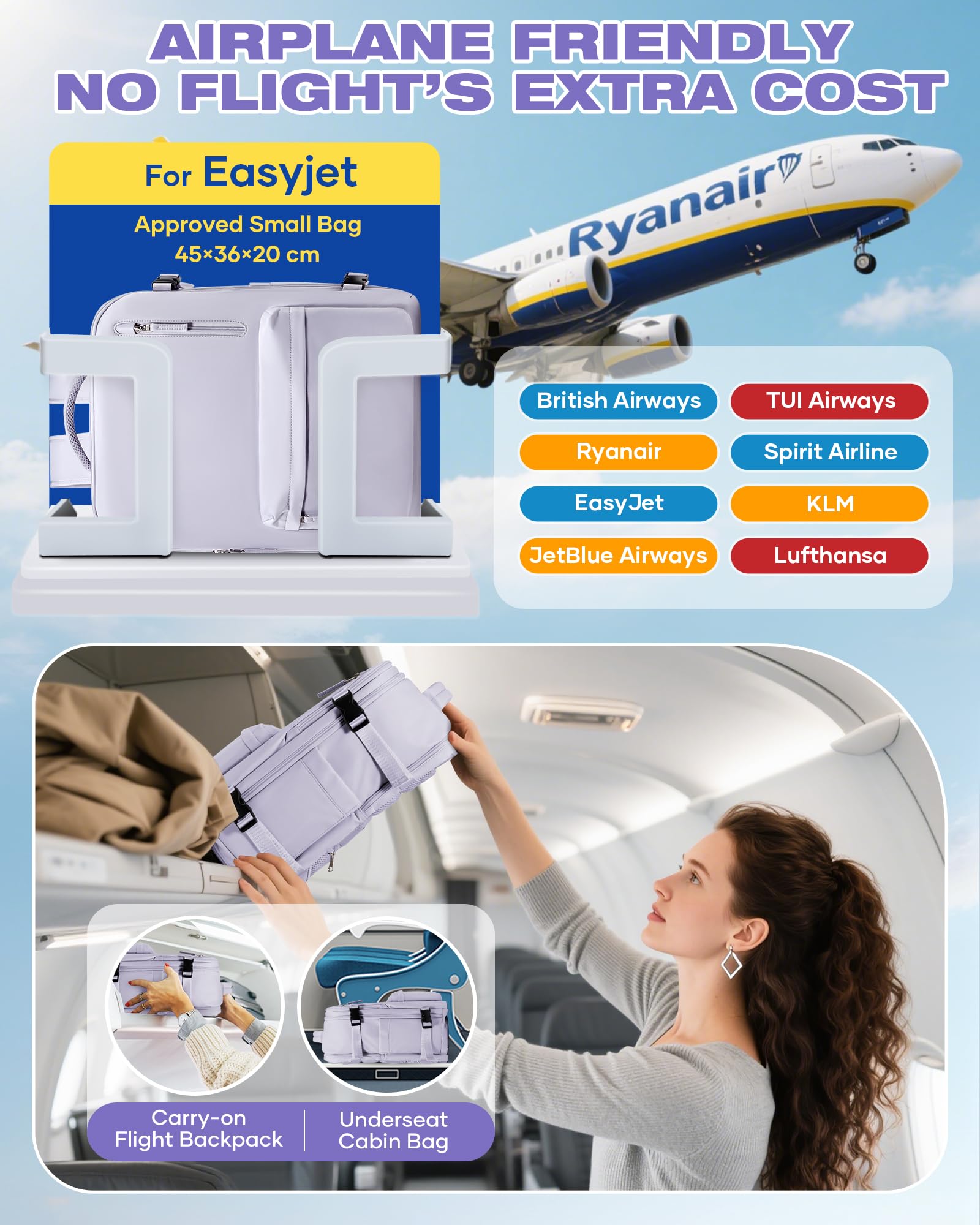 SZLX Zaino Ryanair 40x30x20 Sottovuoto con pompa Zaino Ryanair 40x20x25 Sottovuoto Bagaglio a Mano 40x30x20 Wizzair Zaino da Viaggio 45x36x20 Easyjet Donna Zaino Casual Laptop 14 Pollici Impermeabile
