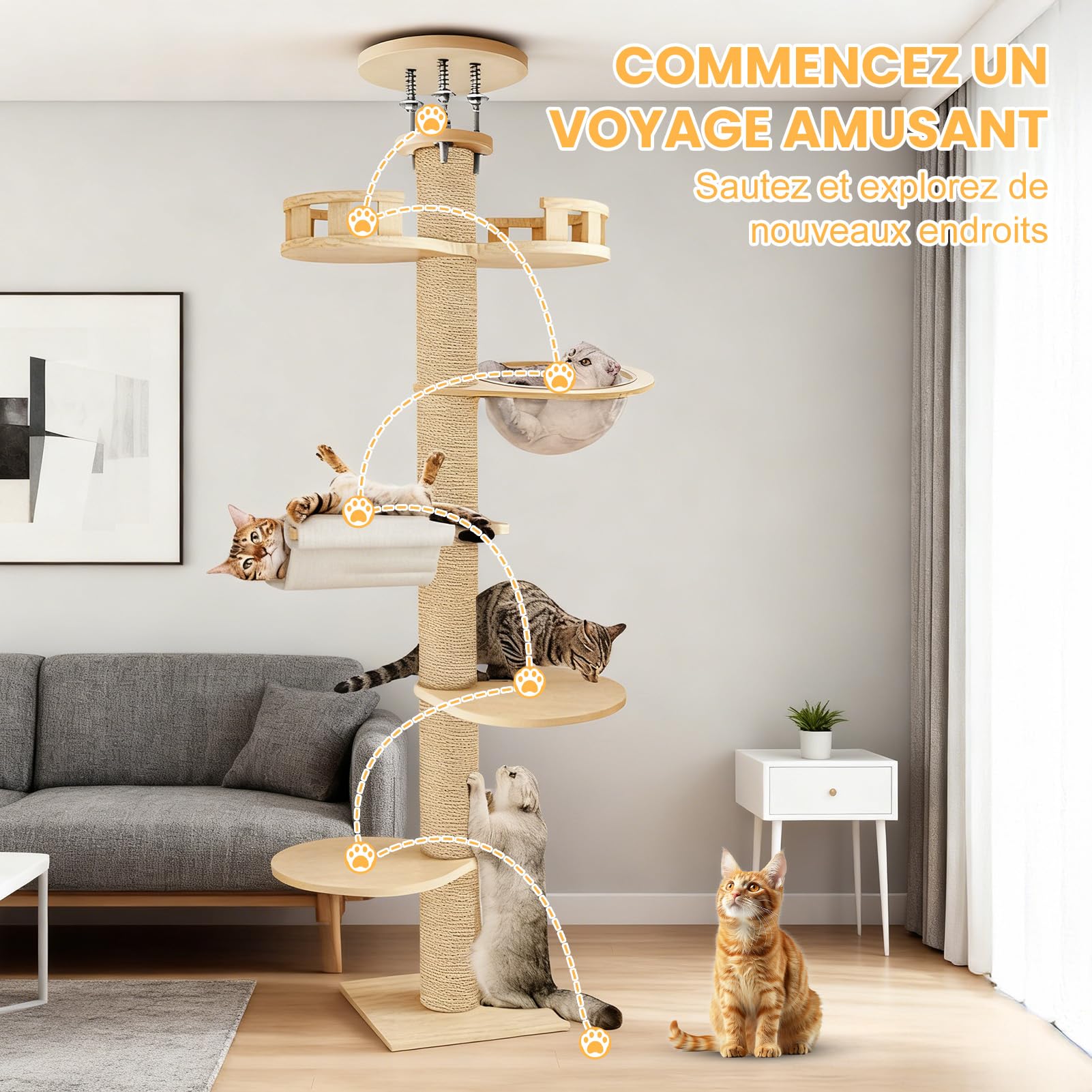 Arbre a Chat Plafond du Sol au Plafond, Arbre à Chat XXL de Hauteur Réglable de 2,95 à 3,1 m, Griffoir pour Chats avec Tour à 6 Niveaux avec 7 Poteaux à Griffer en Sisal (Jaune)