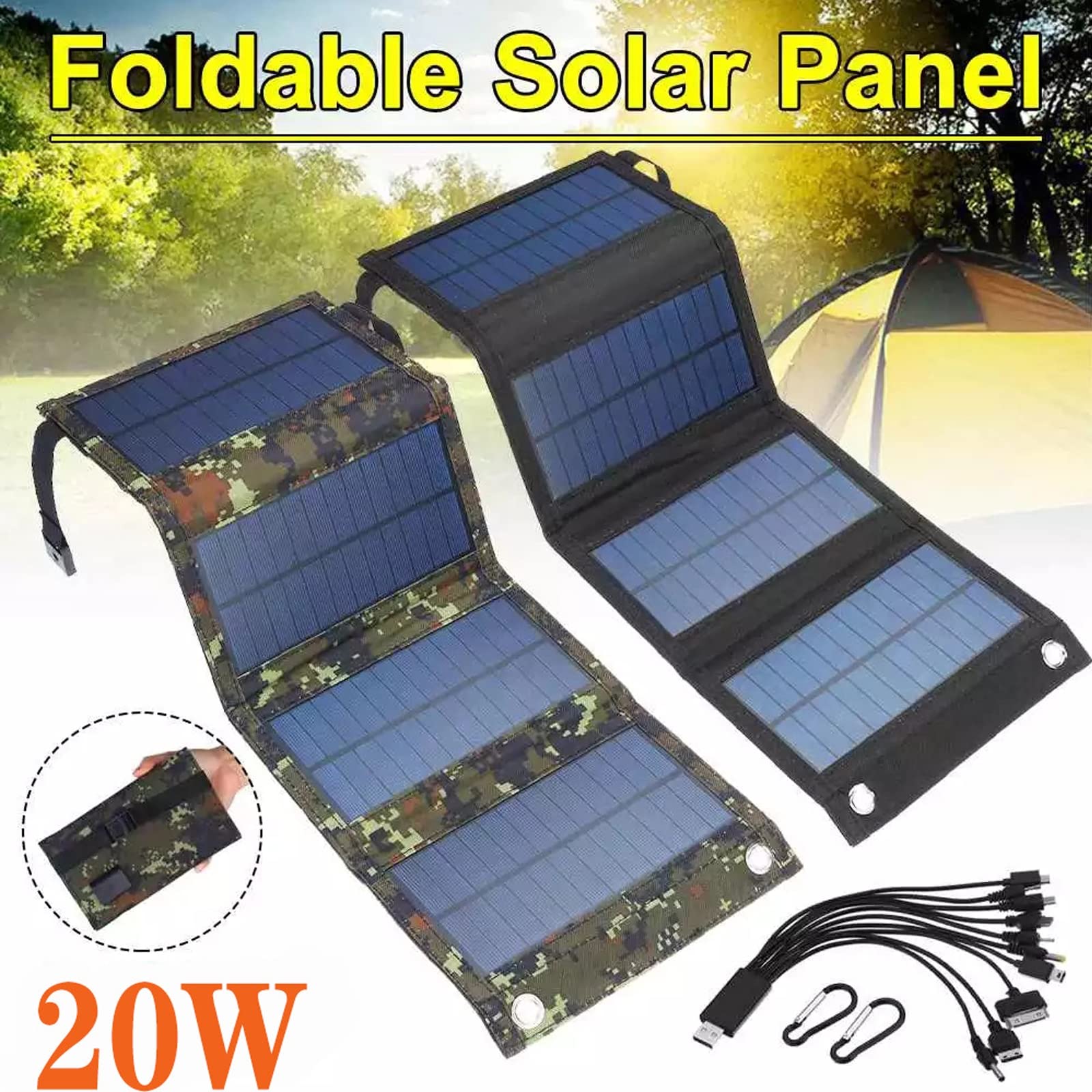 Caricabatterie Solare Esterno, Caricabatterie Solare 20W, Borsa Pieghevole Solare 4 ad Alto Tasso di Conversione con Uscita USB Caricatore da Viaggio Pieghevole Impermeabile da Campeggio,Nero,1pz