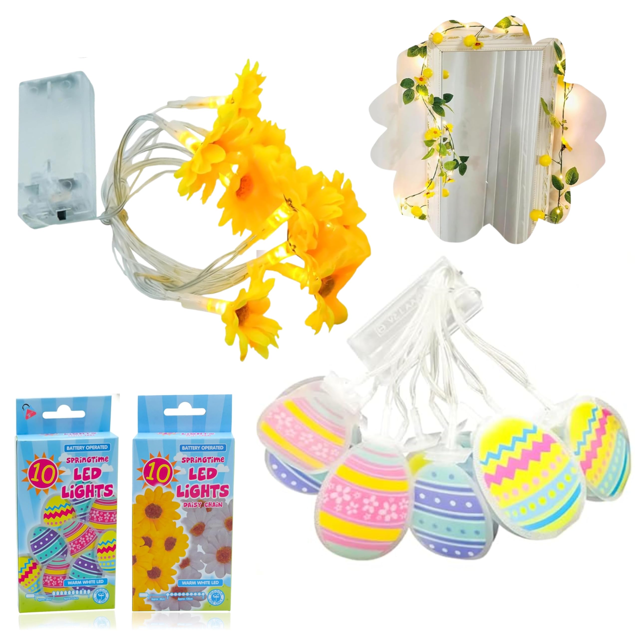 Hovuk 2Pk-10 Led String Lights (Egg + Daisy) Easter Egg & Yellow Daisy String Lights 2Pk, 10 Led Warm White Battery Operated Fairy Lights 1.65M Each, Easter Party Decoration Home, Bedroom, Party, Table, Wall, Classroom, Spring Festive Décor