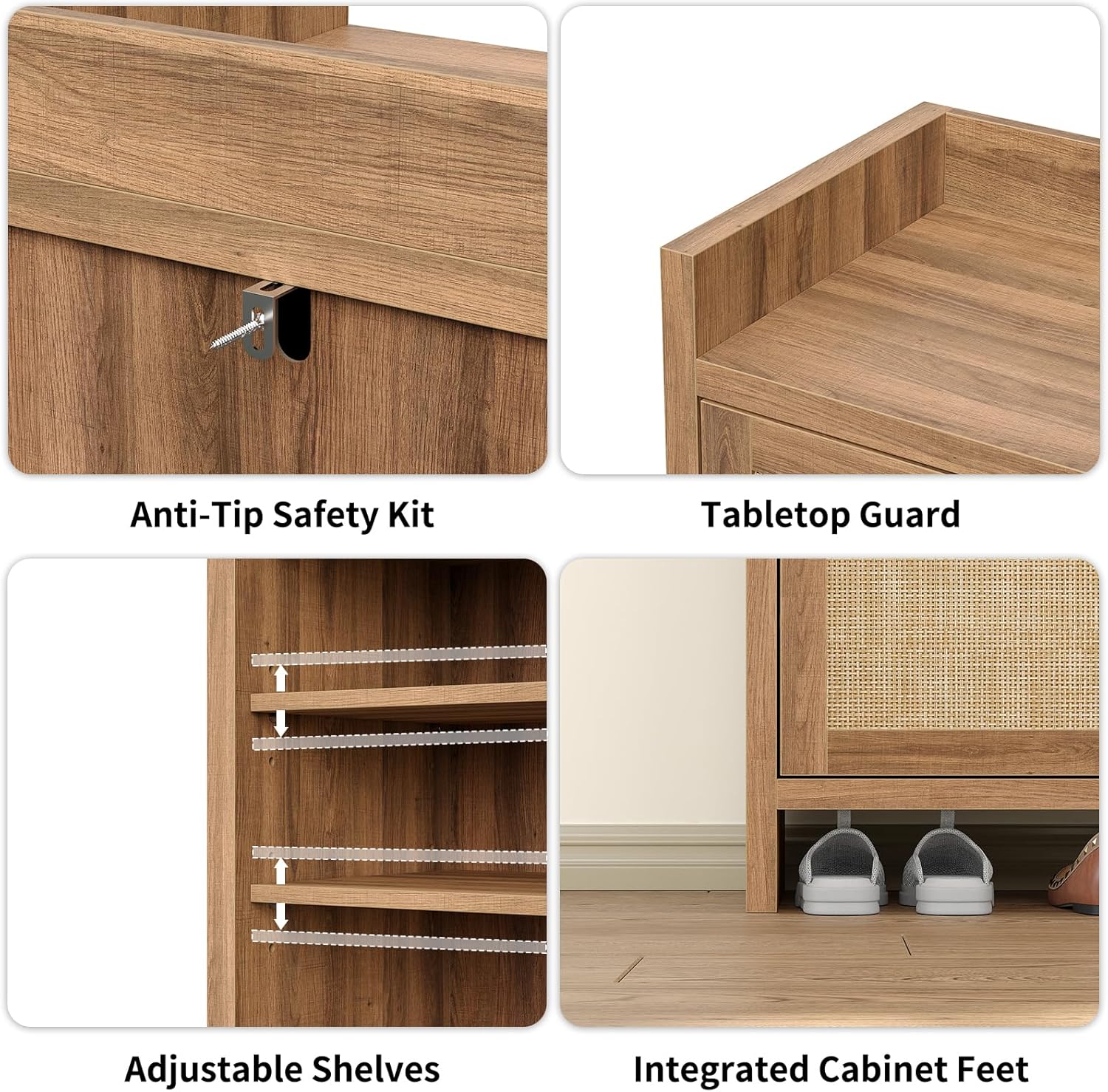 Yanosaku 47.2" Rattan Shoe Cabinet with 3 Doors & 4 Adjustable Shelves, Boho Shoe Storage Cabinet with Large Tabletop & Anti-Slip Lip, Modern Wood Shoe Cabinet for Entryway, Hallway, Walnut