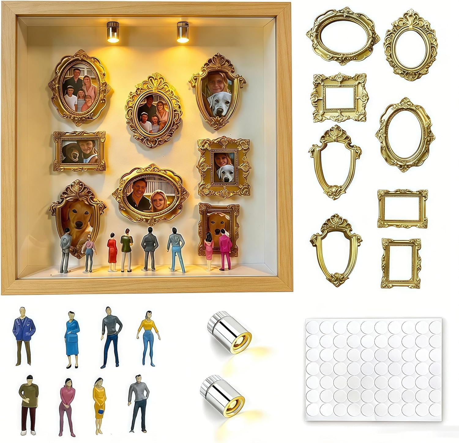 Boîte de silhouette mini musée DIY en bois avec lampe et cadres en or pour photo