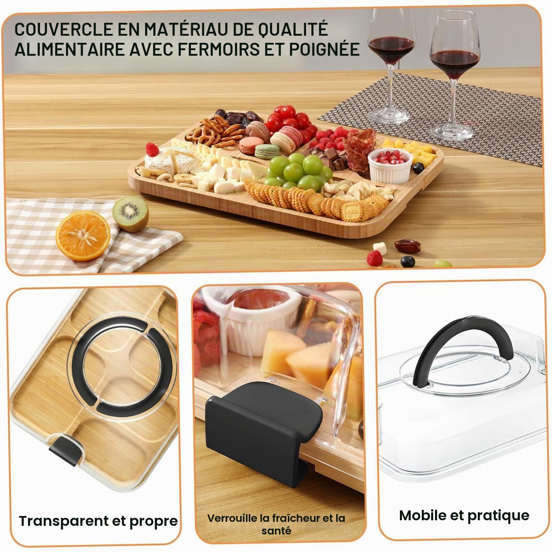 Planche à charcuterie avec Couvercle, Planches à charcuterie en Bambou avec Couvercle Transparent, poignées, Plateau de Service 6 Compartiments pour la Cuisine, collation
