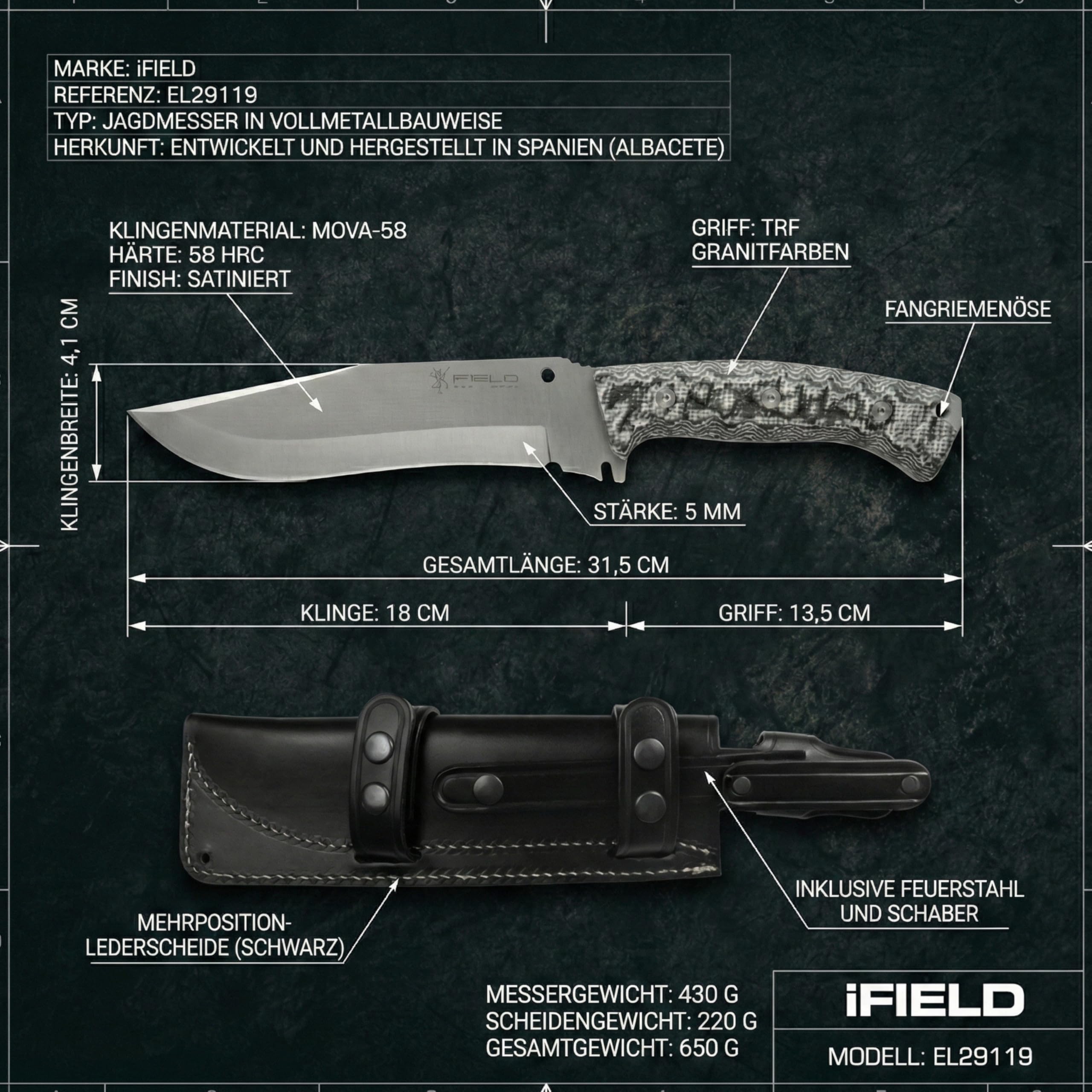 Nóż survivalowy Workout EL29119, MOVA 18 cm. Ostrze, rękojeść z granitu TRF, z czarną, wielopozycyjną skórzaną osłoną, narzędzie kempingowe do wędkowania, polowania i uprawiania sportu