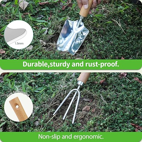 Miniatura 6 de Juego de herramientas de jardín, 2 piezas de herramientas de jardín resistentes de acero inoxidable, kit de jardinería con mango de madera,