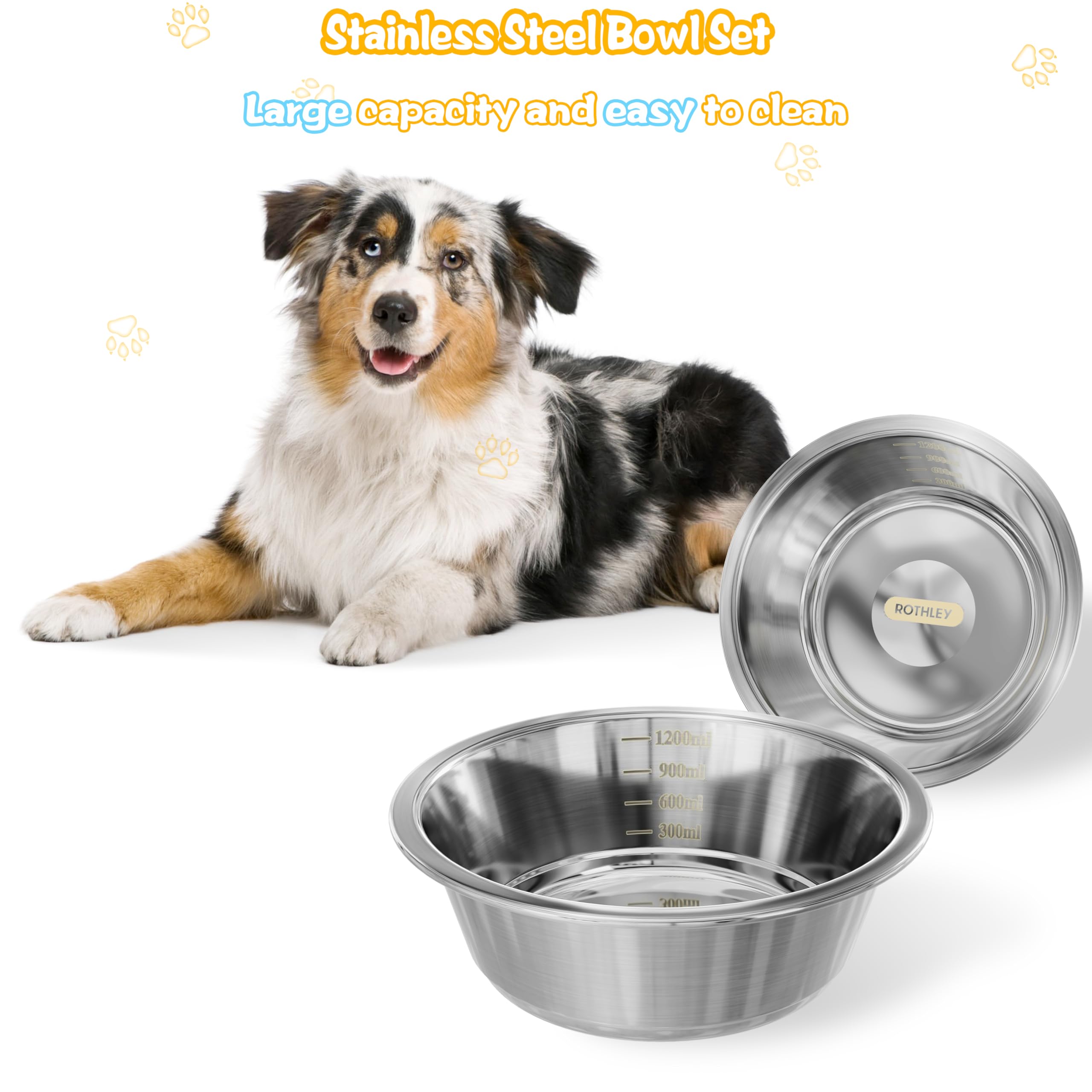 ROTHLEY Soporte Elevado para Cuencos para Perros con 2 Cuencos de Acero Inoxidable de 12 Pulgadas de Altura, Soporte de Madera para Perros con Soporte, Platos para Perros Grandes, comedero Elevado