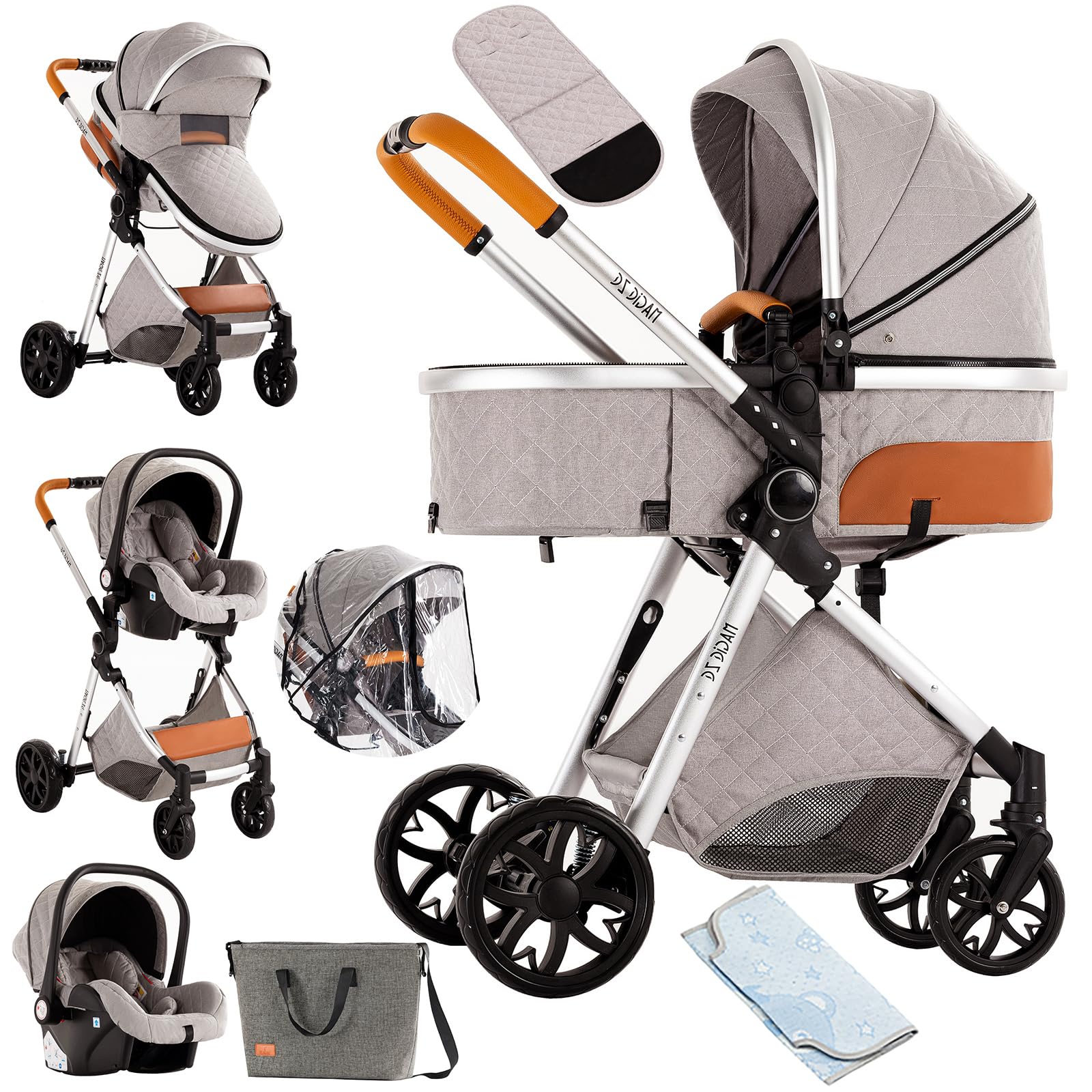 NADDLILY Passeggino Trio, Passeggino 3 in 1 con Spinta Reversibile a Due Vie, Trio Passeggino Neonati con Accessori, Carrozzina per Neonati con Design Portatile Pieghevole Un Clic (V9 Light Grey)
