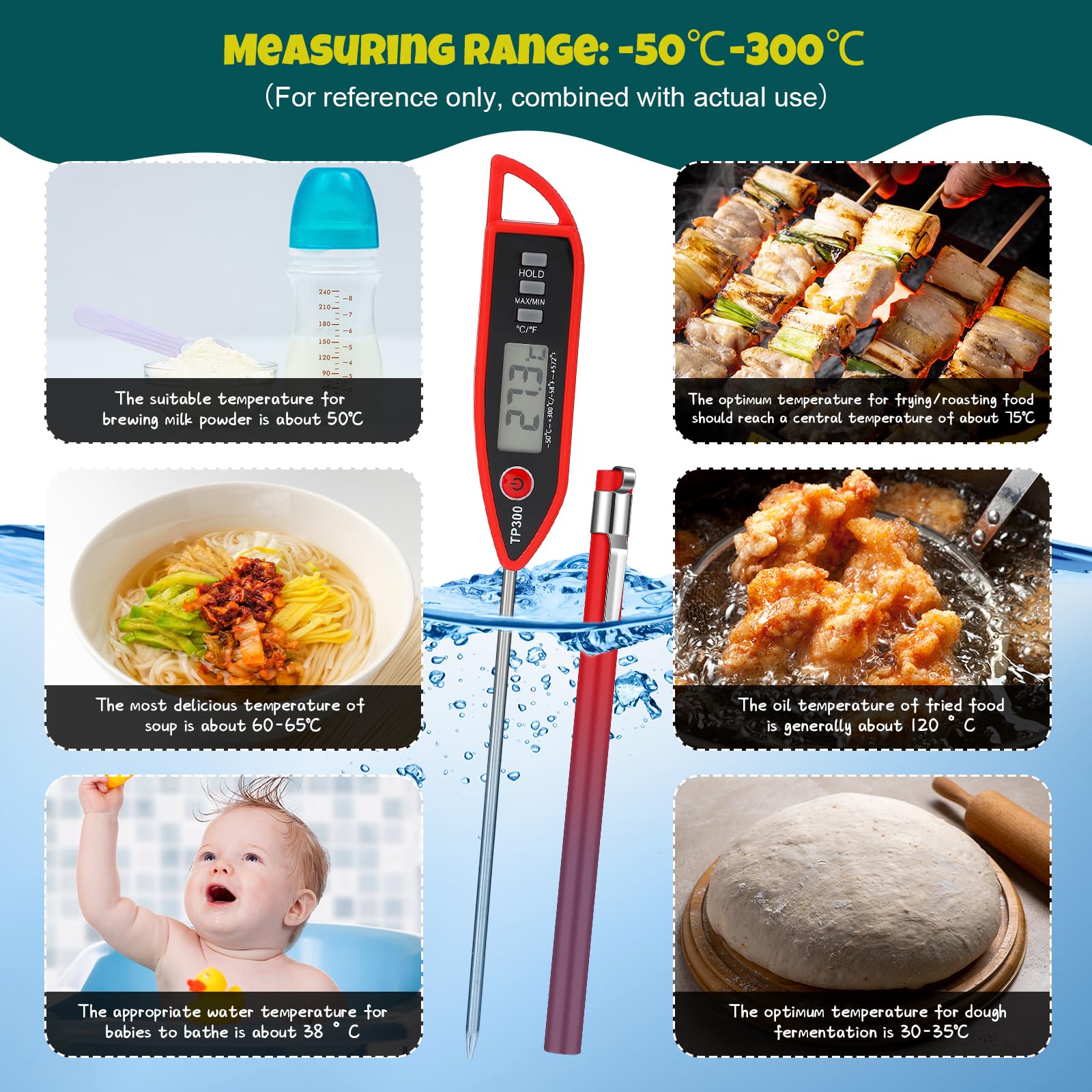 Copkim Termometro digitale impermeabile per acqua, liquidi, candele e carne, con sonda lunga, lettura istantanea, per cucina, barbecue, grill e caramelle (rosso)