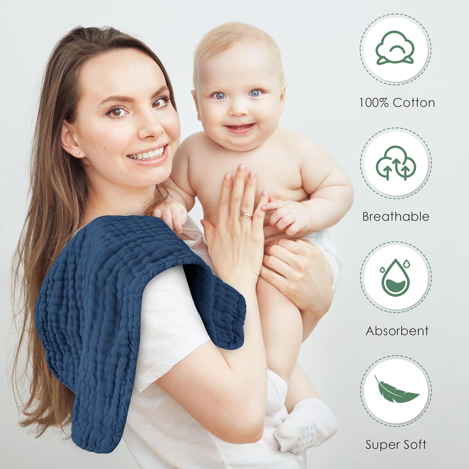 Spotted Play Muslin Burp Cloths 100% Cotton Large 20''x10'' Extra Soft and Absorbent Baby Wash Cloths Spit Up Rags - Baby Burping Cloth for Boys Girls Items(12 Pack Navy Blue)