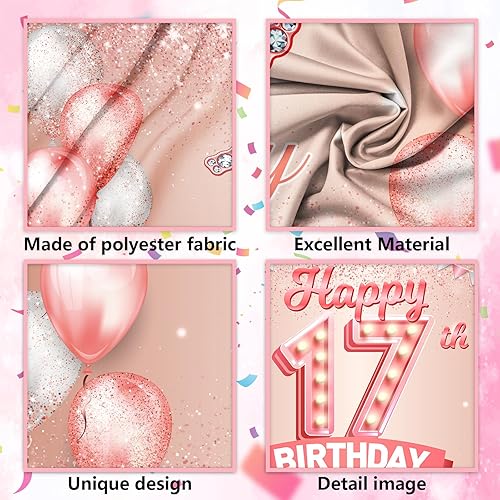 Miniatura 4 de Cartel de feliz cumpleaños 17 de oro rosa con texto en inglés "Cheers to 17 Years Year" - Globos de confeti, decoración temática para niñas de 17