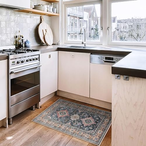 Miniatura 5 de Fashriend Meiko - Alfombra de pasillo de 2 pies 6 x 9 pies, lavable a máquina, delgada y antideslizante, alfombra tribal con pelo bajo, alfombra