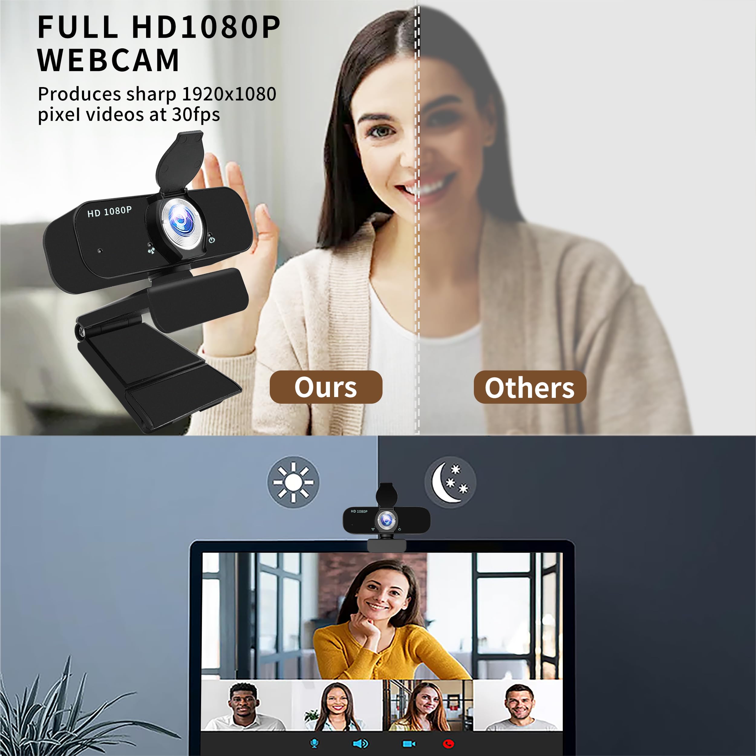 Webcam for PC,Full HD 1080p Computer Webcam with Noise-Canceling Mic, Tripod, Privacy Cover, Auto Focus/Low Light Correction/Beauty Filter, USB Web Camera for Streaming/Meeting/Online Video/Zoom