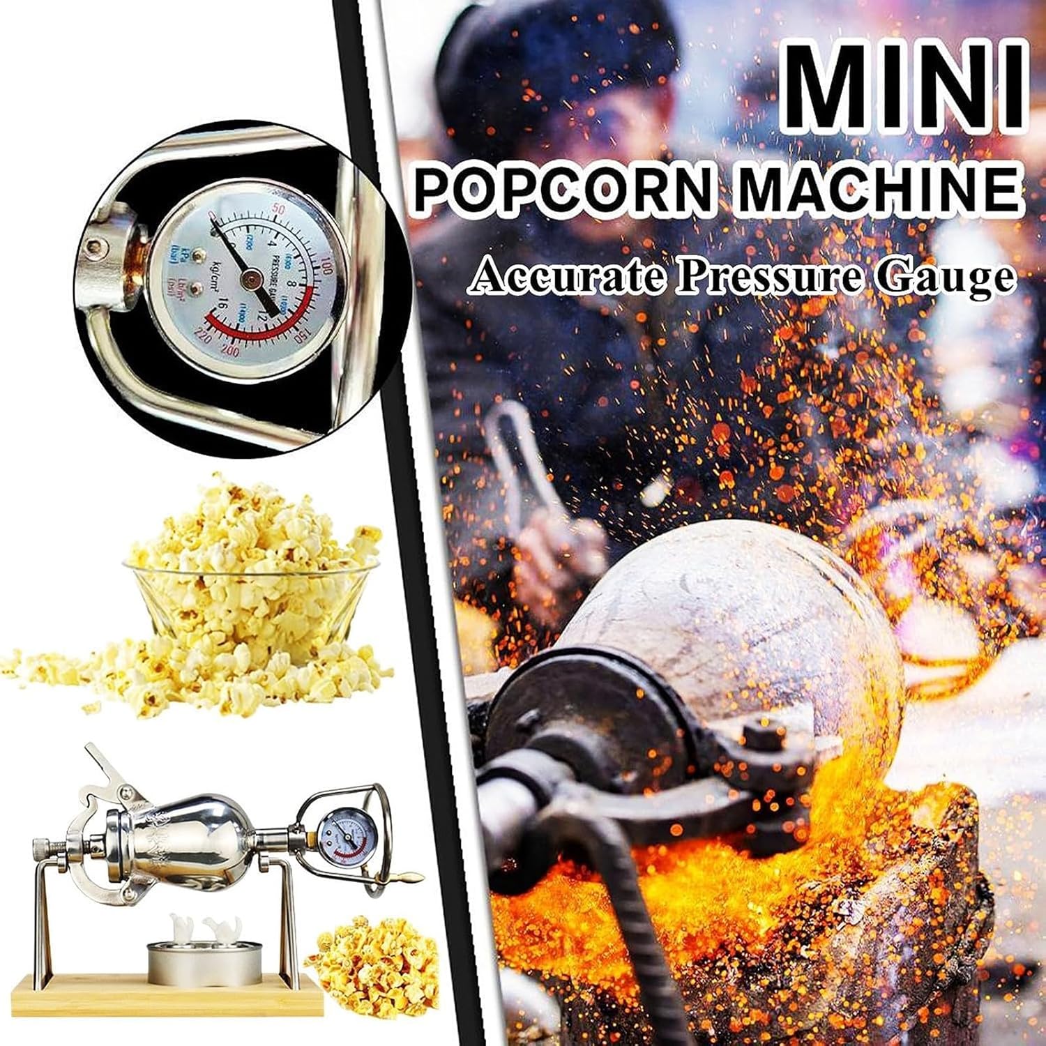 Chinese Popcorn Maker Large Capacity Stainless Steel Popcorn Poppers with Pressure Gauge - DIY Mini Popcorn Machine for Home Popcorn Making