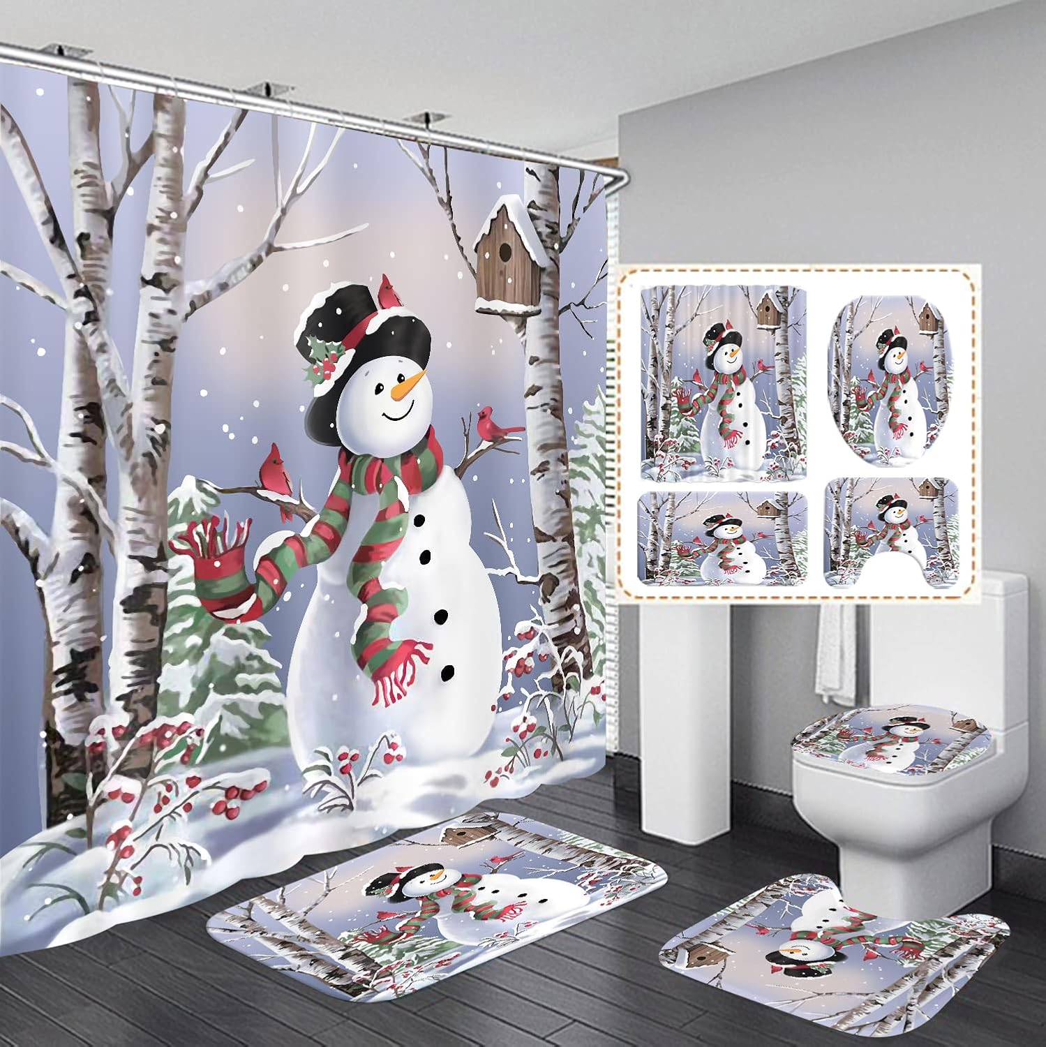 Hewego Snowman in Forest Shower Curtain Sets with Rugs for Bathroom,Christmas Bathroom Toilet Lid Cover and 12 Hooks, Christmas (Medium Size)