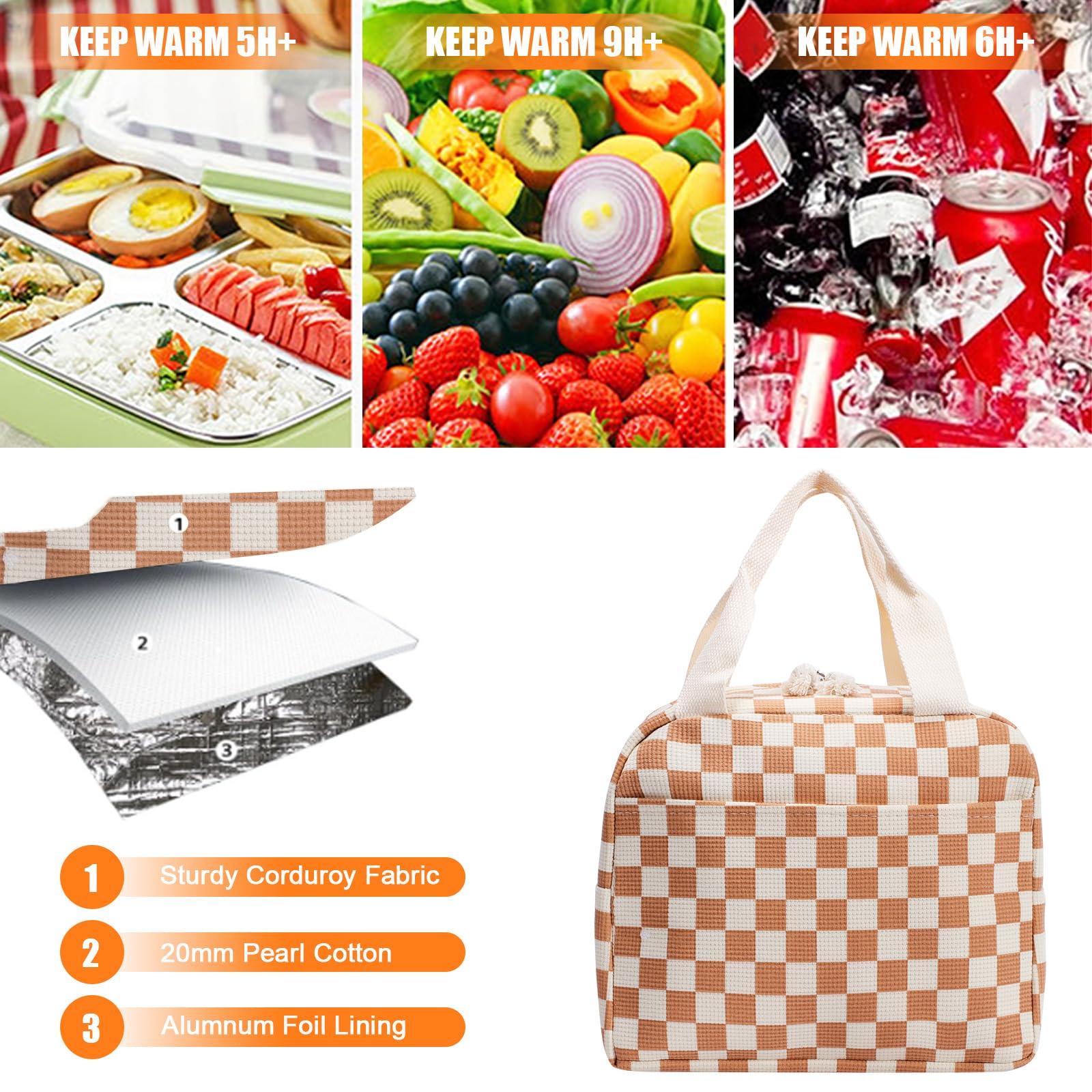Risipu Insulated Lunch Bag for Women Kids Reusable Leakproof Children's Cooler Bag Lunch Box Bags for Girls Work School BBQ Picnic (Coffee Plaid) - Image 4