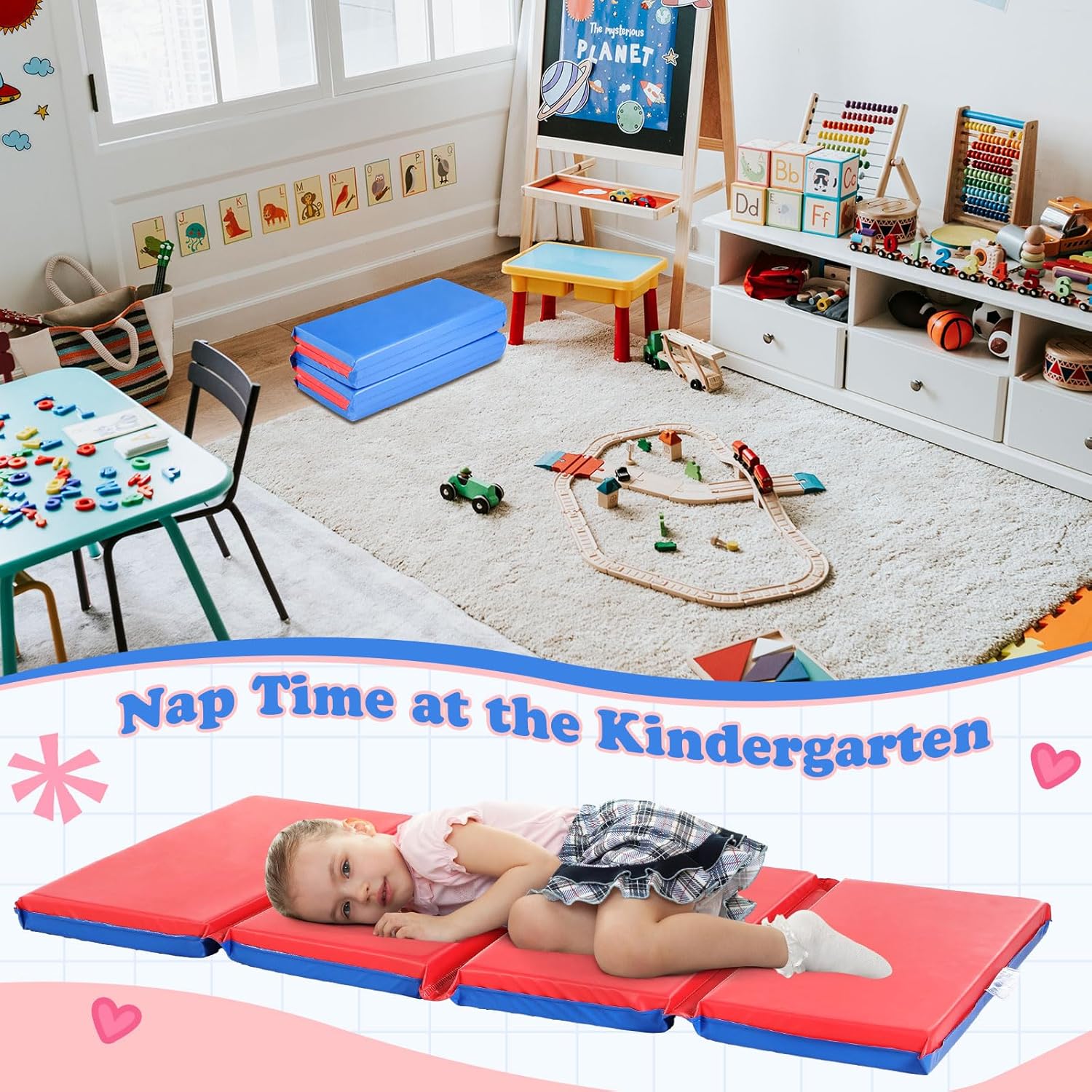Marsui Folding Kids Nap Mats for Preschool Daycare 4 Section Folding Rest Mats Daycare Sleeping Mat for Kid 2 Inch Thick Portable Resting Floor Sleep Mat Baby Changing Pad for Kindergarten(Red,Blue)