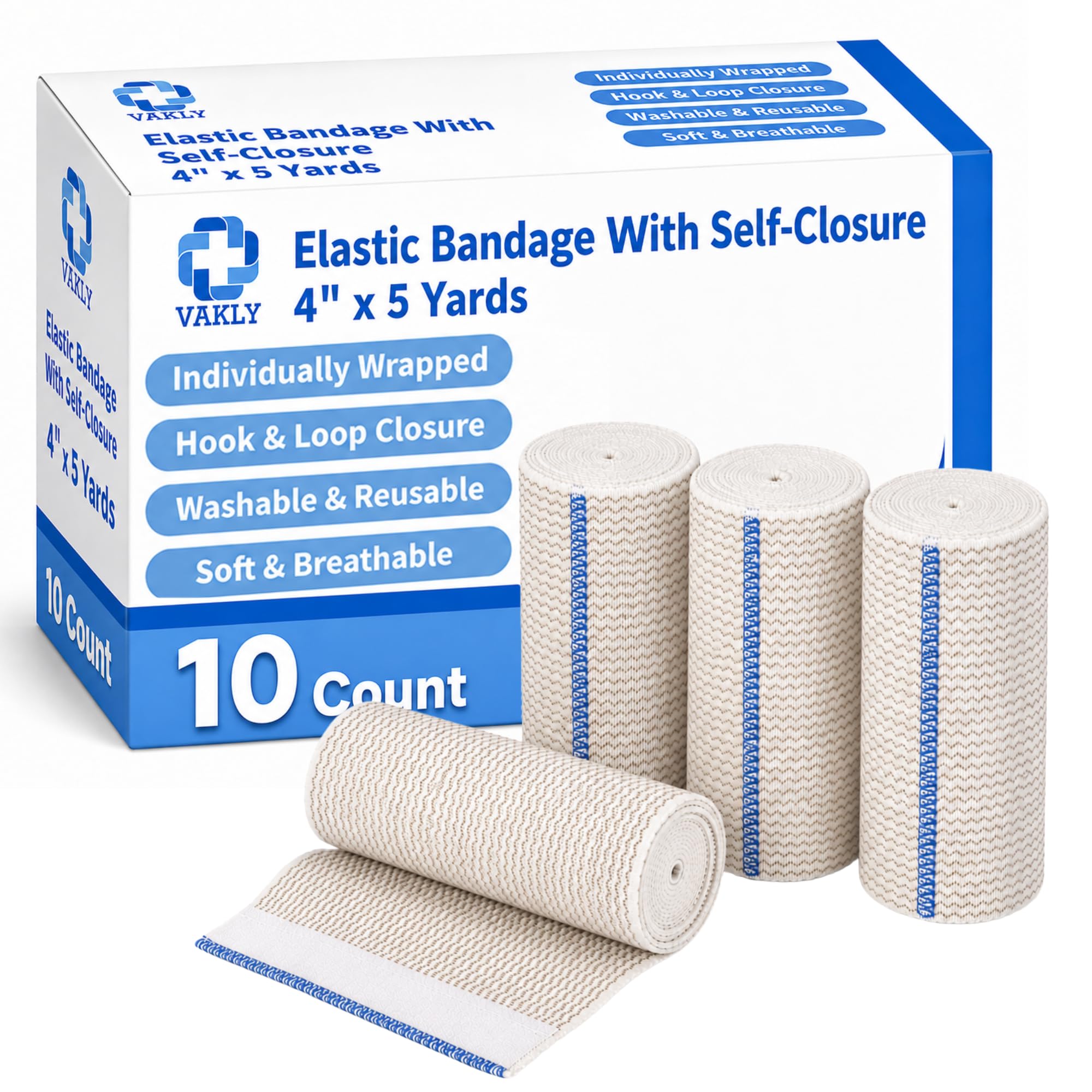 Vakly Elastic Bandage Wrap 4'' x 5 Yds, Self-Closure Compression Roll 10 Pk