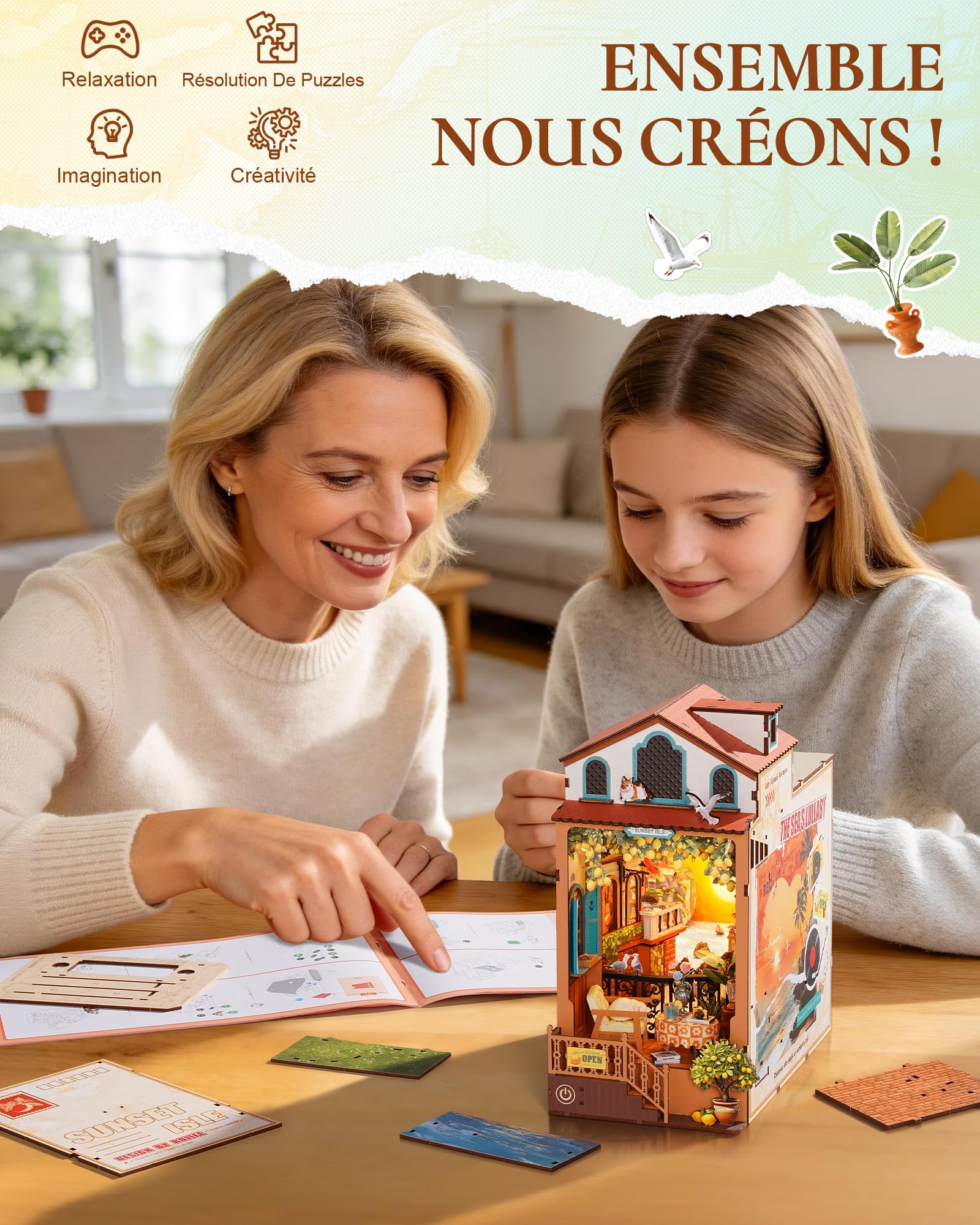 Rolife Book Nook DIY Maquette en Bois Adulte avec Lumières L'Île du Couchant Puzzle 3D Miniature Maison à Construire Serre-Livres Diorama Décoration Livre Bibliothèque Salon